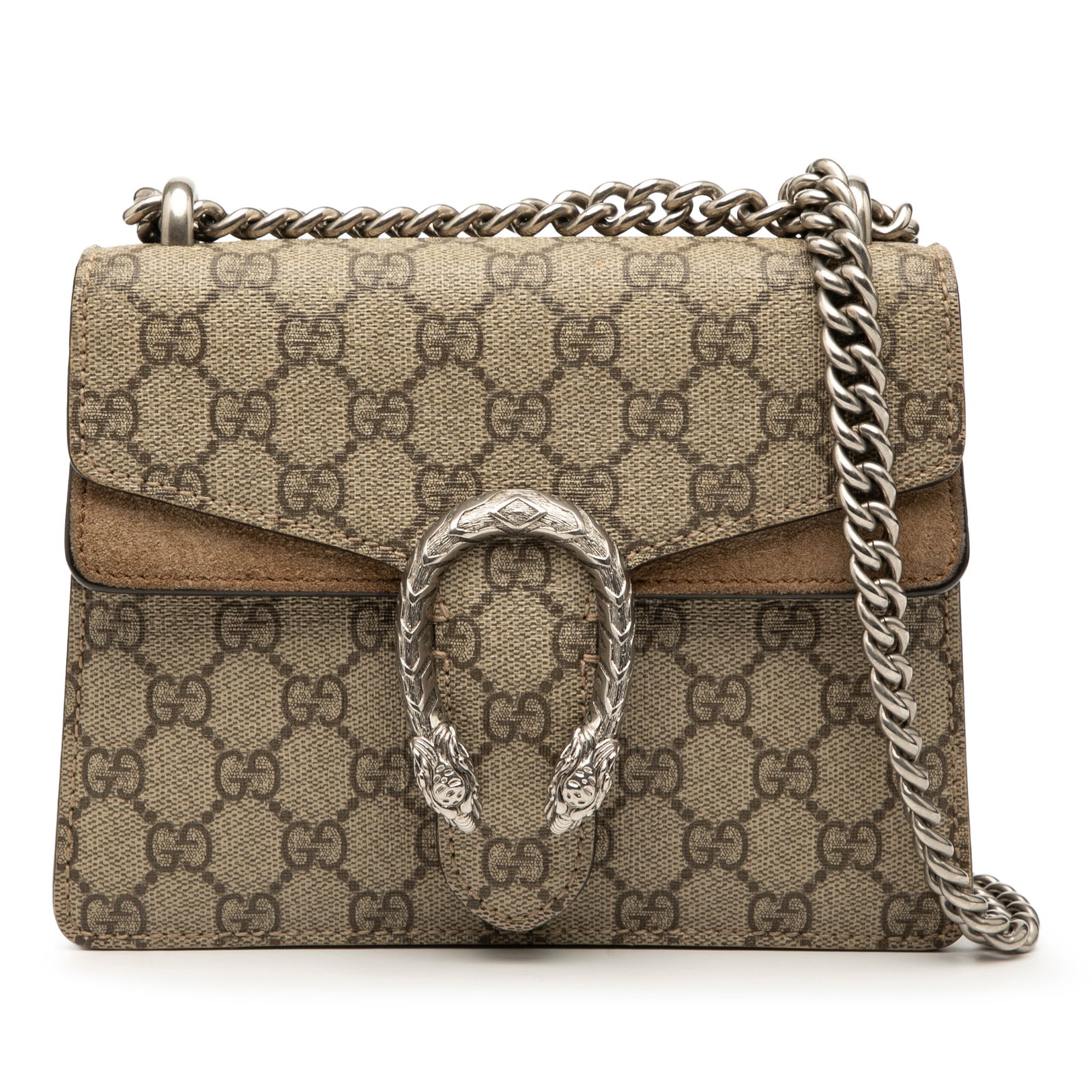 Gucci Dionysus Small GG Supreme Canvas Crossbody Bag with Suede Trim: Gucci Dionysus Small GG Supreme Canvas Crossbody Bag with Suede Trim This Gucci Small GG Supreme Dionysus Crossbody bag features a coated canvas body with suede leather trim, complemented by a silver-