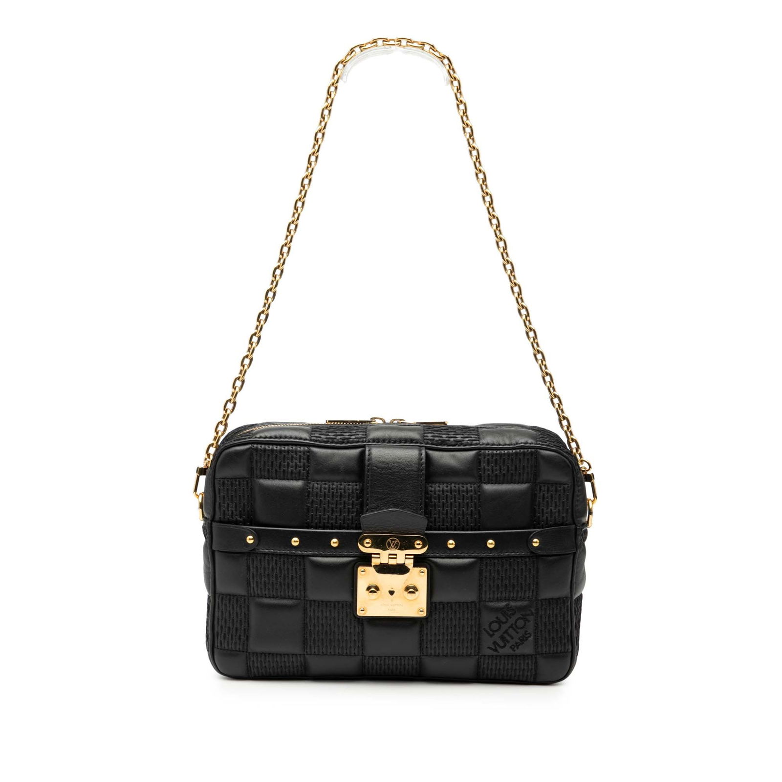 Louis Vuitton Damier Quilt Lambskin Troca MM Satchel Black: Louis Vuitton Damier Quilt Lambskin Troca MM Satchel Black This Louis Vuitton Damier Quilt Lambskin Troca MM satchel is a chic accessory crafted from quilted damier lambskin leather. It features a top