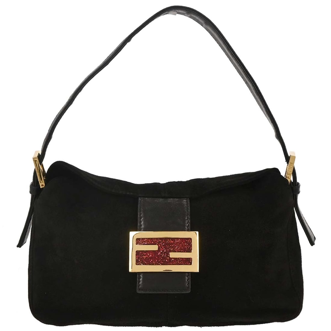 Fendi Black Suede Zucca Handbag with Gold Hardware: Fendi Black Suede Zucca Handbag with Gold Hardware This elegant Fendi Black Suede Handbag is perfect for casual occasions. Designed in Italy, it features a chic black suede exterior adorned with the i