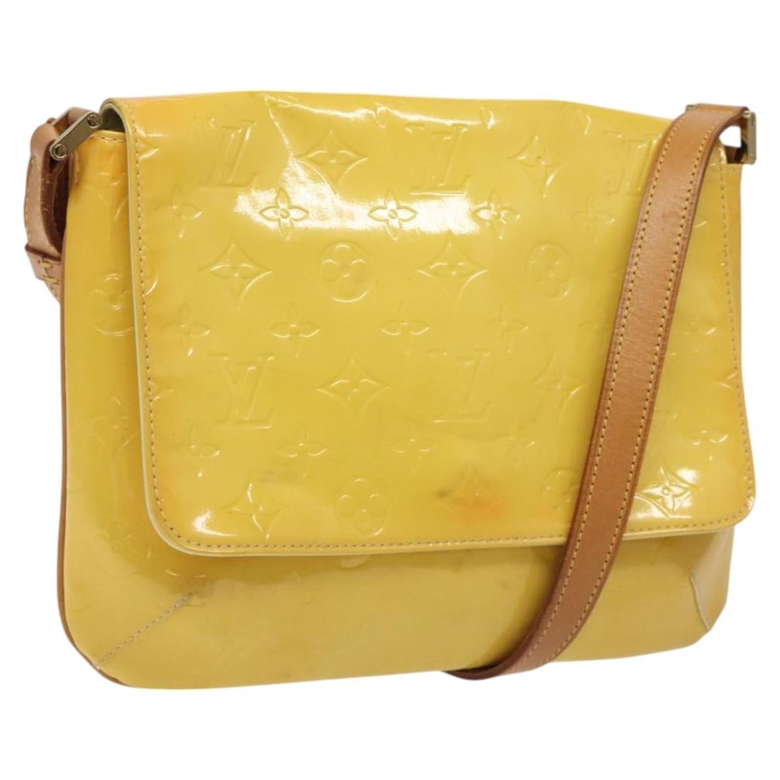 Louis Vuitton Monogram Vernis Yellow Thompson Street Patent Leather Purse: Louis Vuitton Monogram Vernis Yellow Thompson Street Patent Leather Purse Louis Vuitton Thompson Street handbag crafted from yellow patent leather, designed for women. The bag features a monogram Vern