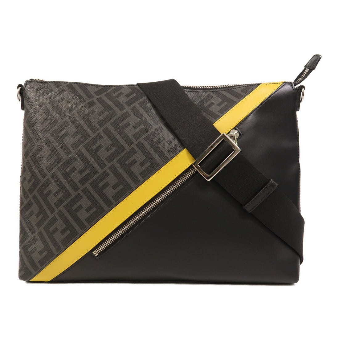 Fendi Diagonal Black Grey Canvas Messenger Shoulder Bag: Fendi Diagonal Black Grey Canvas Messenger Shoulder Bag This FENDI diagonal messenger shoulder bag features a sleek design crafted from black PVC coated canvas with grey accents. It offers a regular s