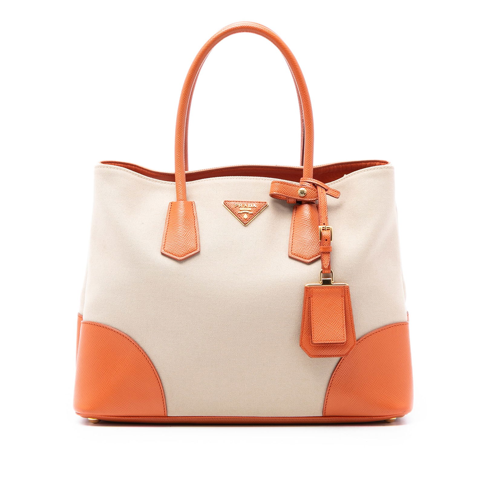 Prada Canapa Double Satchel with Saffiano Leather Trim in Brown: Prada Canapa Double Satchel with Saffiano Leather Trim in Brown This Prada Large Saffiano Trimmed Canapa Double Satchel features a brown canvas body with saffiano leather trim, rolled saffiano leather