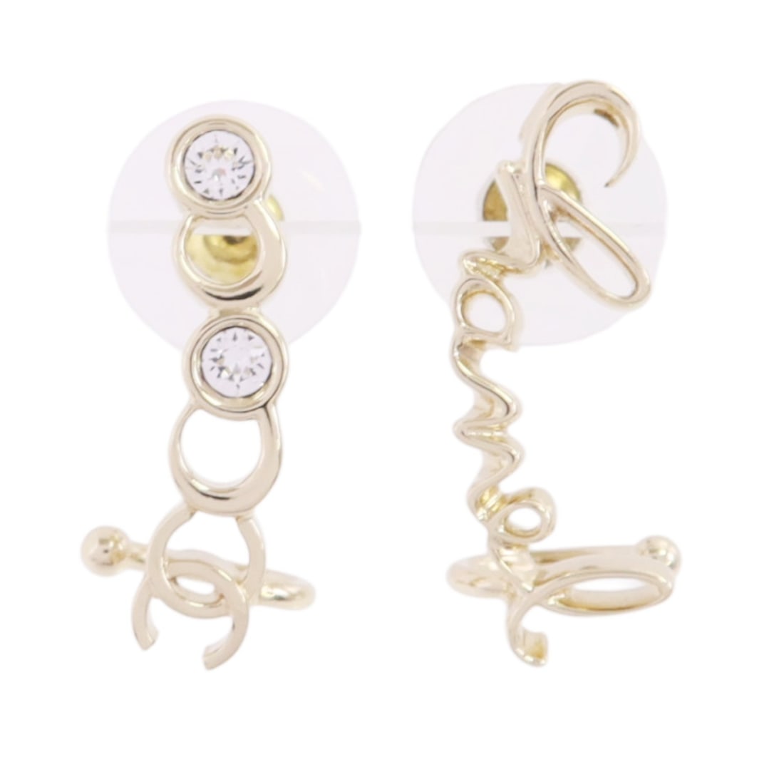 Chanel Coco CC Gold Tone Strass Pierced Earrings A22P: Chanel Coco CC Gold Tone Strass Pierced Earrings A22P These CHANEL CC earrings feature a gold finish with a strass-embellished CC logo design. Crafted for pierced ears, they offer a stylish statement