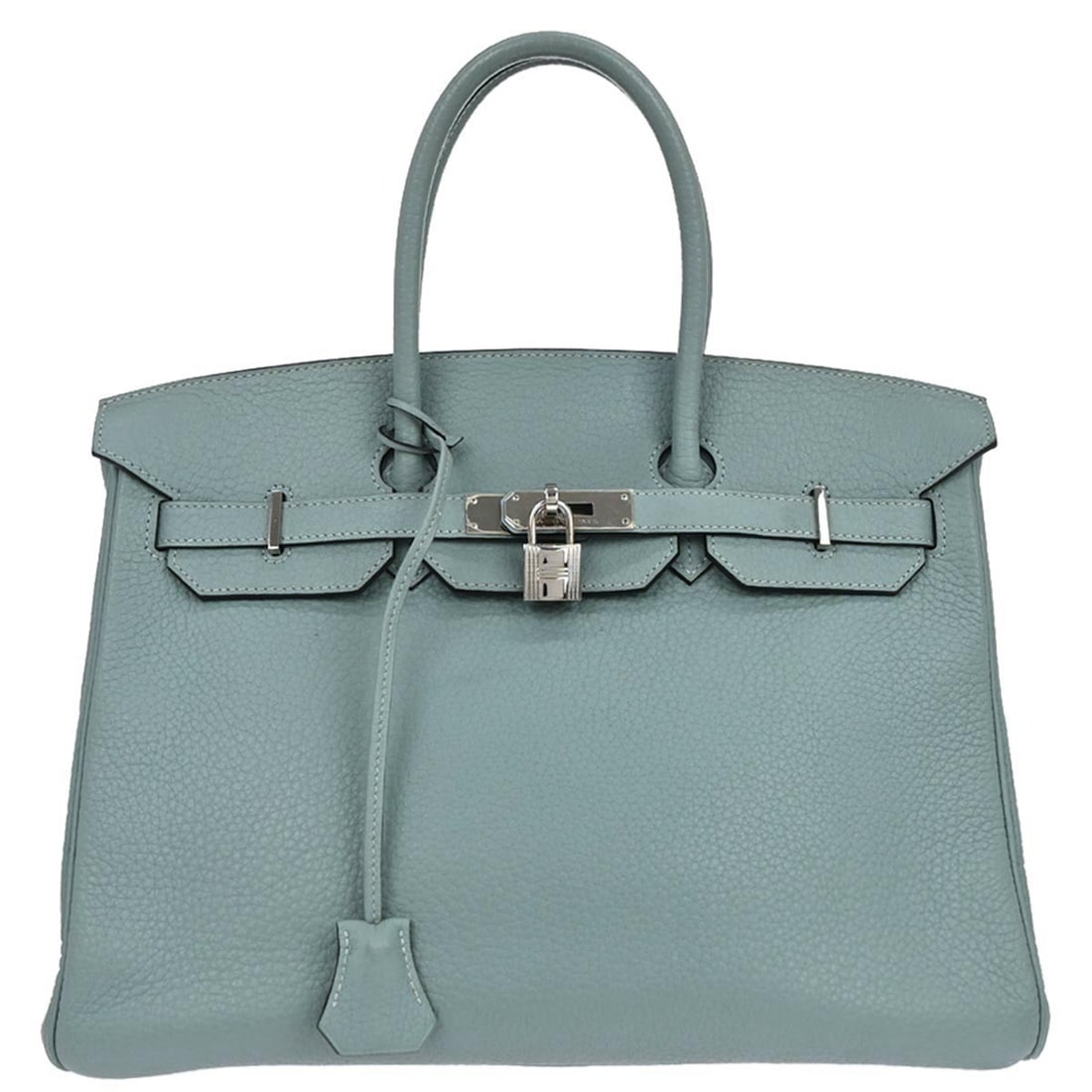 Birkin 35 Medium Leather Satchel in Ciel Blue by Hermes: Birkin 35 Medium Leather Satchel in Ciel Blue by Hermes This Hermes Birkin 35 handbag features Taurillon Clemence leather in the Ciel color. It has a medium size with double handles and a turnlock clo