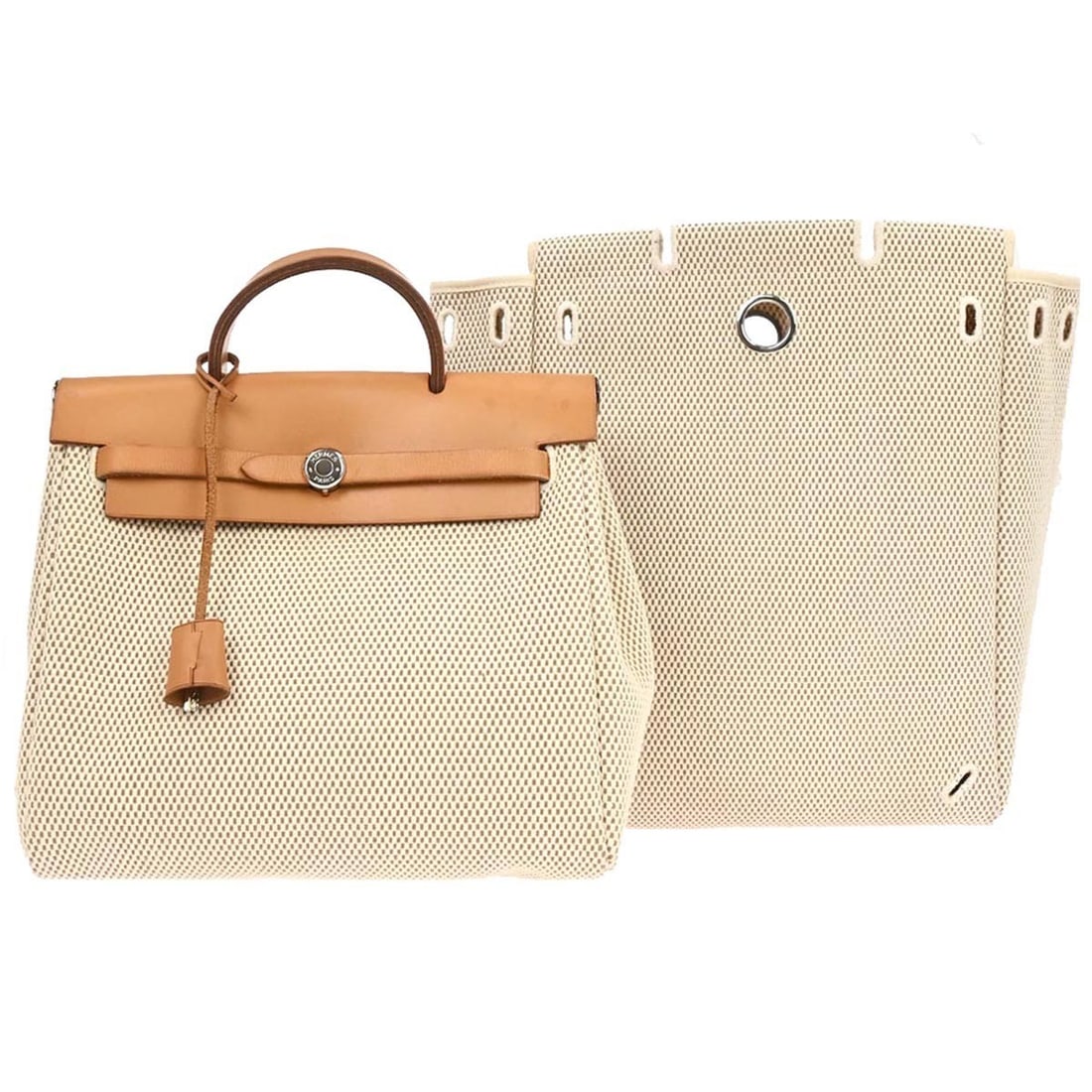 Herbag A Dos Canvas Backpack by Hermes in Beige 29cm: Herbag A Dos Canvas Backpack by Hermes in Beige 29cm The Hermes Herbag A Dos Backpack is crafted from beige canvas and designed for women. This backpack features leather accents and is made in France.