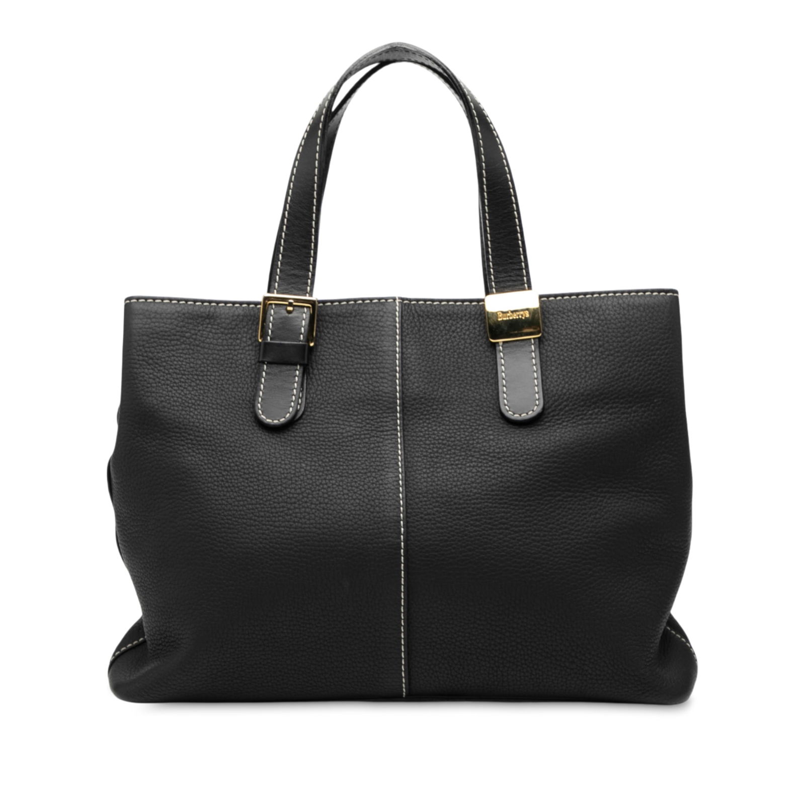 Black Leather Tote Bag by Burberry with Magnetic Snap Closure: Black Leather Tote Bag by Burberry with Magnetic Snap Closure This Burberry tote bag showcases a classic design with a black leather body, flat leather handles, and an open top secured by a magnetic s