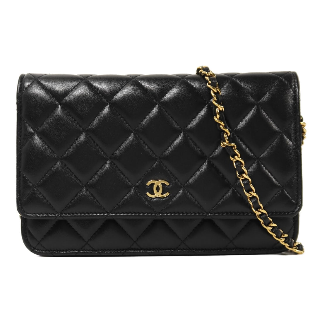 Chanel Black Lambskin Wallet on Chain Shoulder Bag with CC and Gold Hardware: Chanel Black Lambskin Wallet on Chain Shoulder Bag with CC and Gold Hardware This CHANEL Wallet on Chain (WOC) shoulder bag features black lambskin leather with a classic CC design and gold-tone hardw