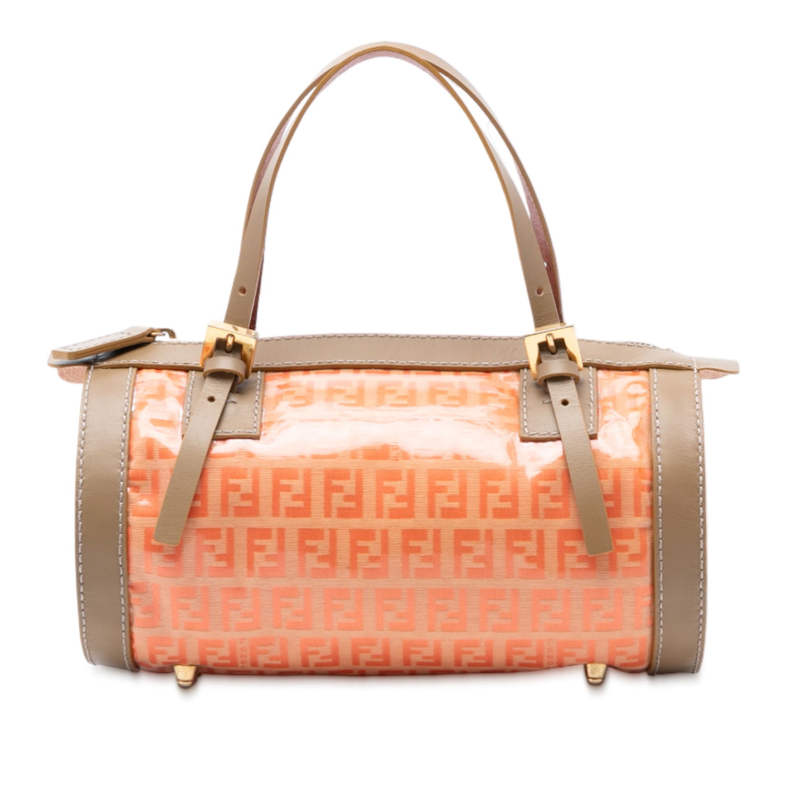 Fendi Zucchino Orange Coated Canvas Barrel Bag with Leather Trim: Fendi Zucchino Orange Coated Canvas Barrel Bag with Leather Trim This Fendi Zucchino barrel handbag is crafted from coated canvas with leather trim and features flat leather straps, a top zip closure,