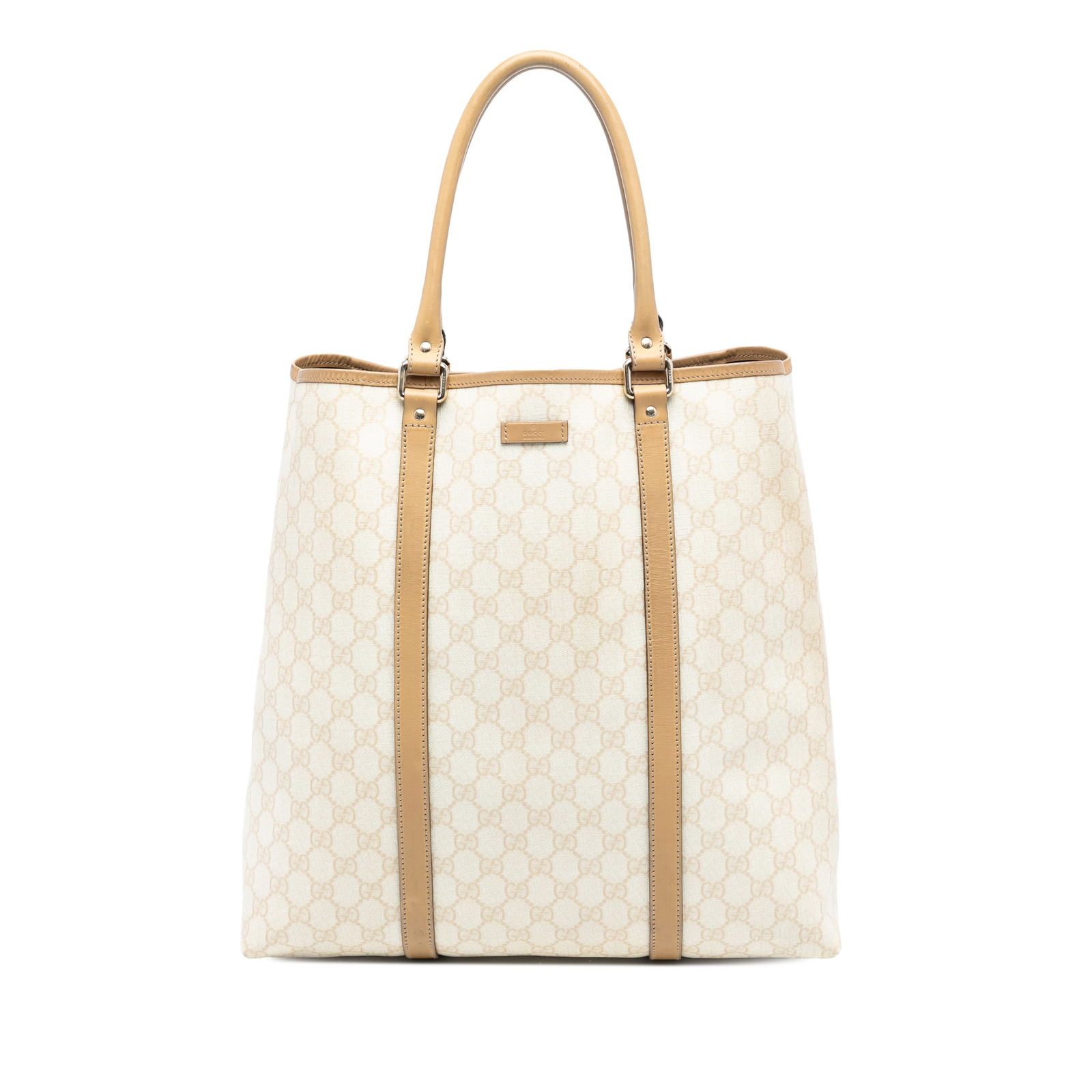 Gucci GG Supreme Joy Brown Coated Canvas Vertical Tote Bag: Gucci GG Supreme Joy Brown Coated Canvas Vertical Tote Bag This Gucci GG Supreme Joy Vertical Tote features a coated canvas body with leather trim, rolled leather handles, an open top with a magnetic