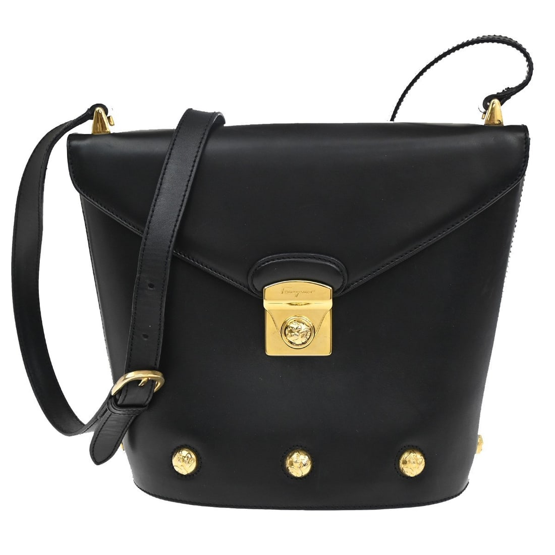 Salvatore Ferragamo Leather Black Vintage Shoulder Bag 21cm: Salvatore Ferragamo Leather Black Vintage Shoulder Bag 21cm This vintage Salvatore Ferragamo shoulder bag is crafted from black leather and designed for women. It features a compact square shape measu