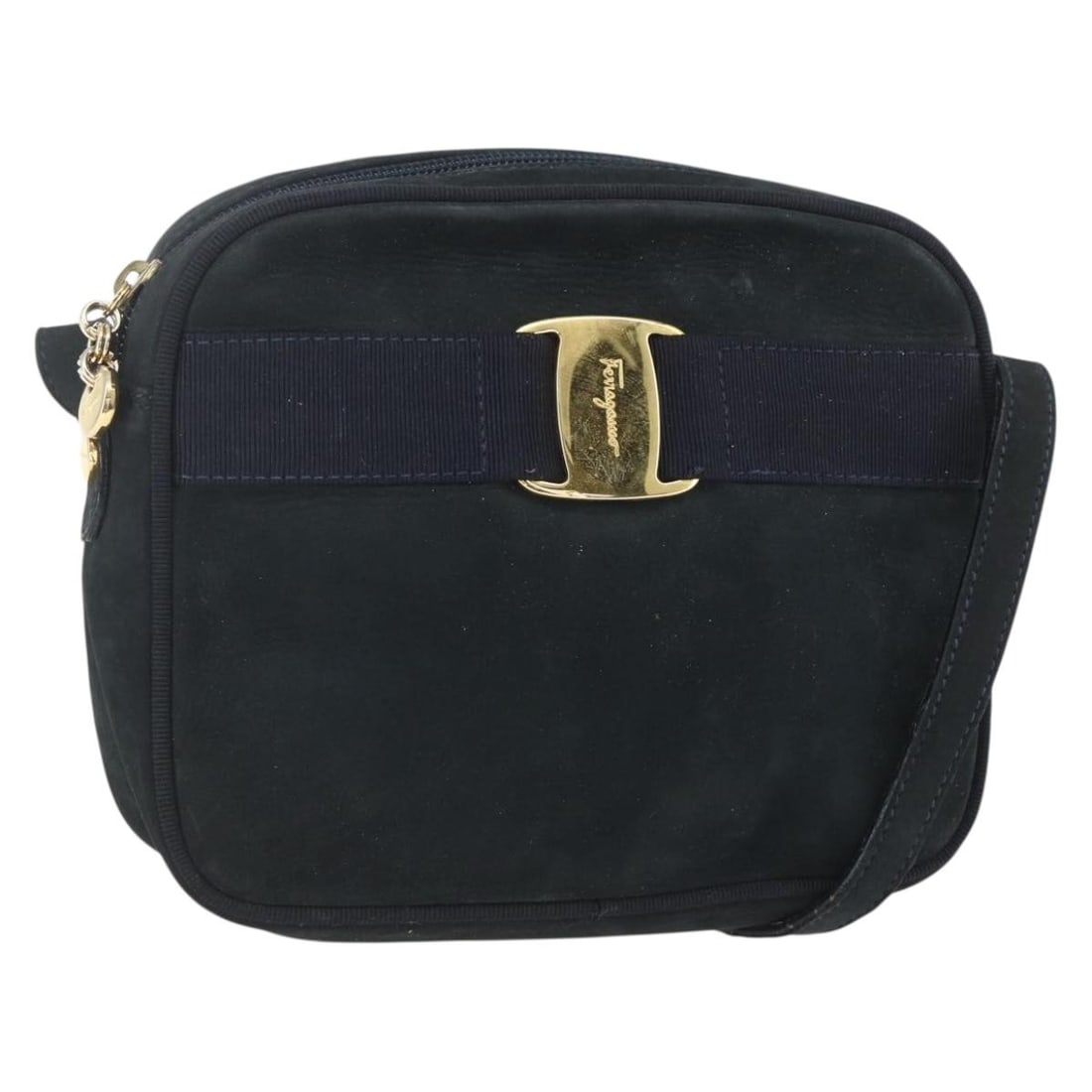 Navy Suede Vala Shoulder Bag by Salvatore Ferragamo: Navy Suede Vala Shoulder Bag by Salvatore Ferragamo This Salvatore Ferragamo Vala shoulder bag for women is crafted from navy suede. It features metal fittings and a shoulder strap. The bag shows sign