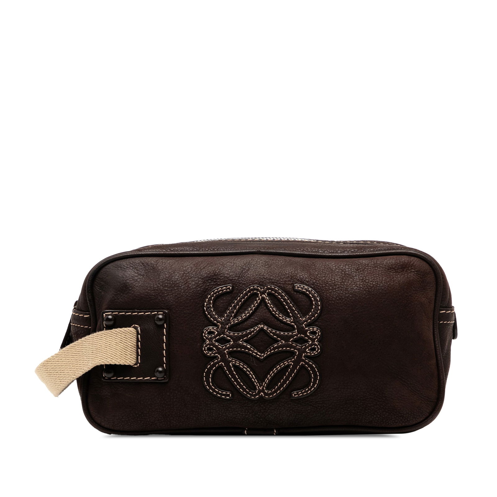 LOEWE Nubuck Anagram Clutch Bag Brown Leather Spain: LOEWE Nubuck Anagram Clutch Bag Brown Leather Spain This LOEWE Nubuck Anagram Clutch is a sophisticated accessory crafted from high-quality nubuck leather. It features a convenient side wrist strap an