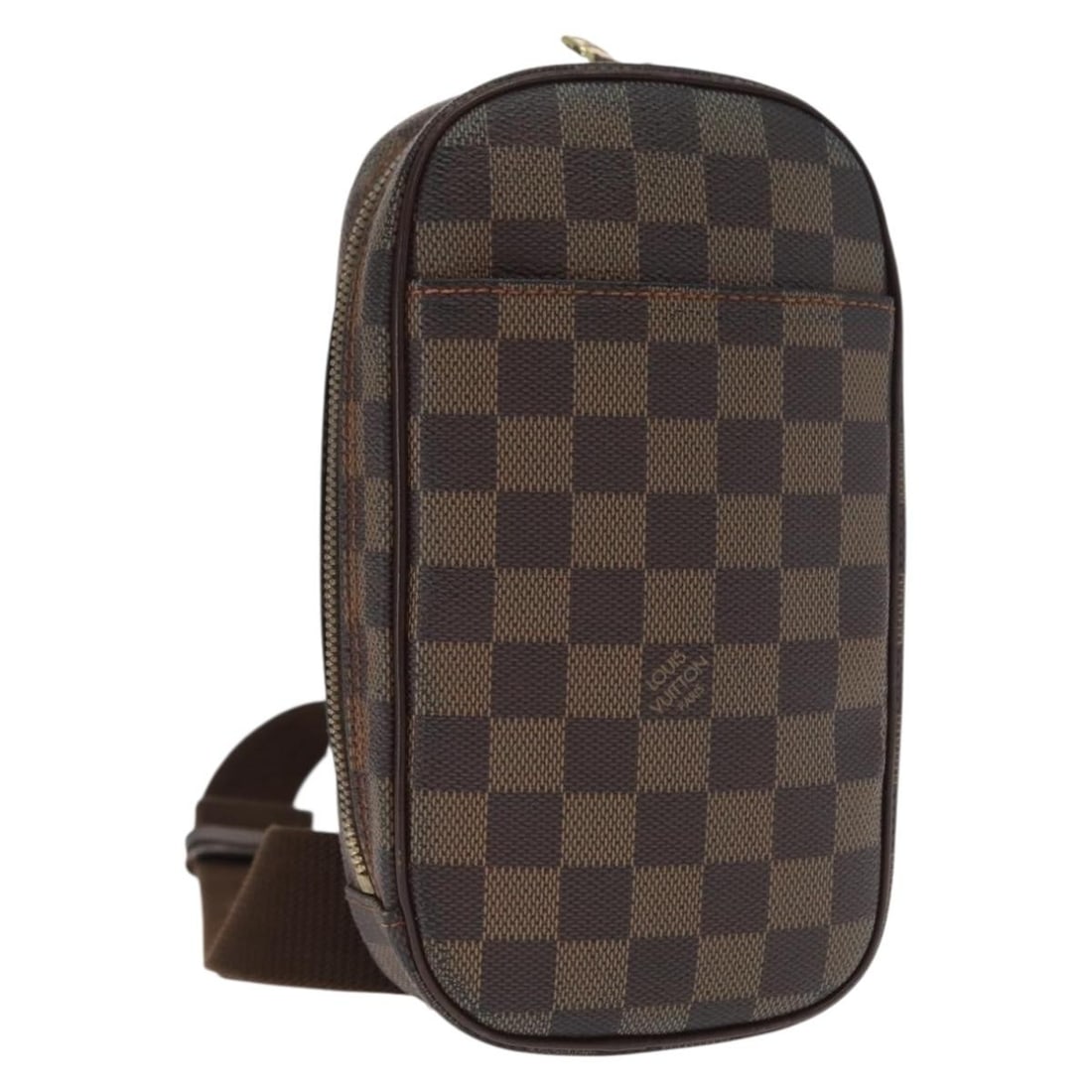 Pochette Gange Brown Canvas Bag by Louis Vuitton Unisex: Pochette Gange Brown Canvas Bag by Louis Vuitton Unisex This Louis Vuitton Pochette Gange in Damier canvas is a unisex accessory featuring a brown colorway. Made in Spain, it shows signs of use includ