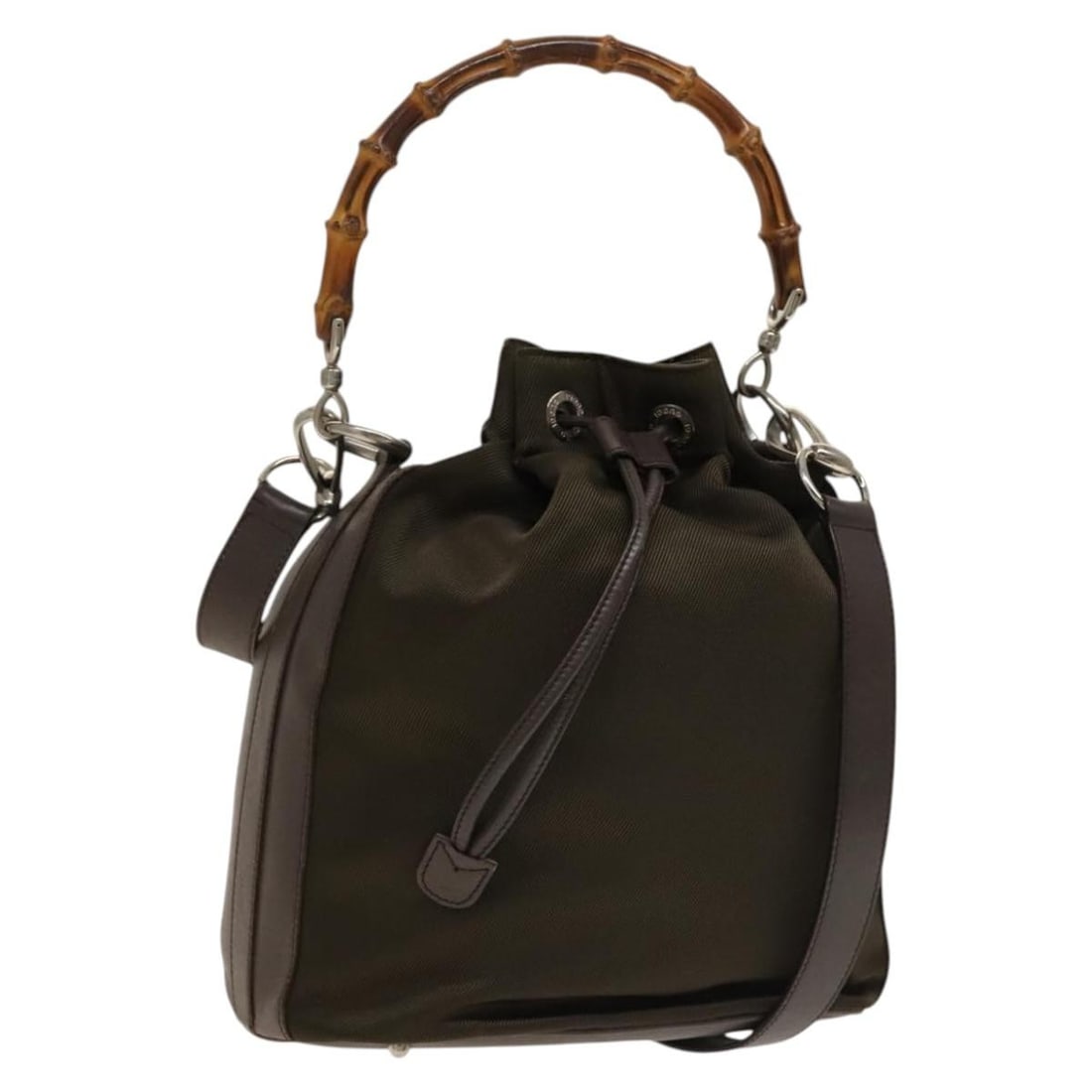 Vintage Gucci Bamboo Handle Nylon Leather Bucket Bag: Vintage Gucci Bamboo Handle Nylon Leather Bucket Bag This vintage Gucci Bamboo Bucket Bag for women features a nylon body with leather detailing in a brown color. It measures 22cm x 30cm x 13cm and wa