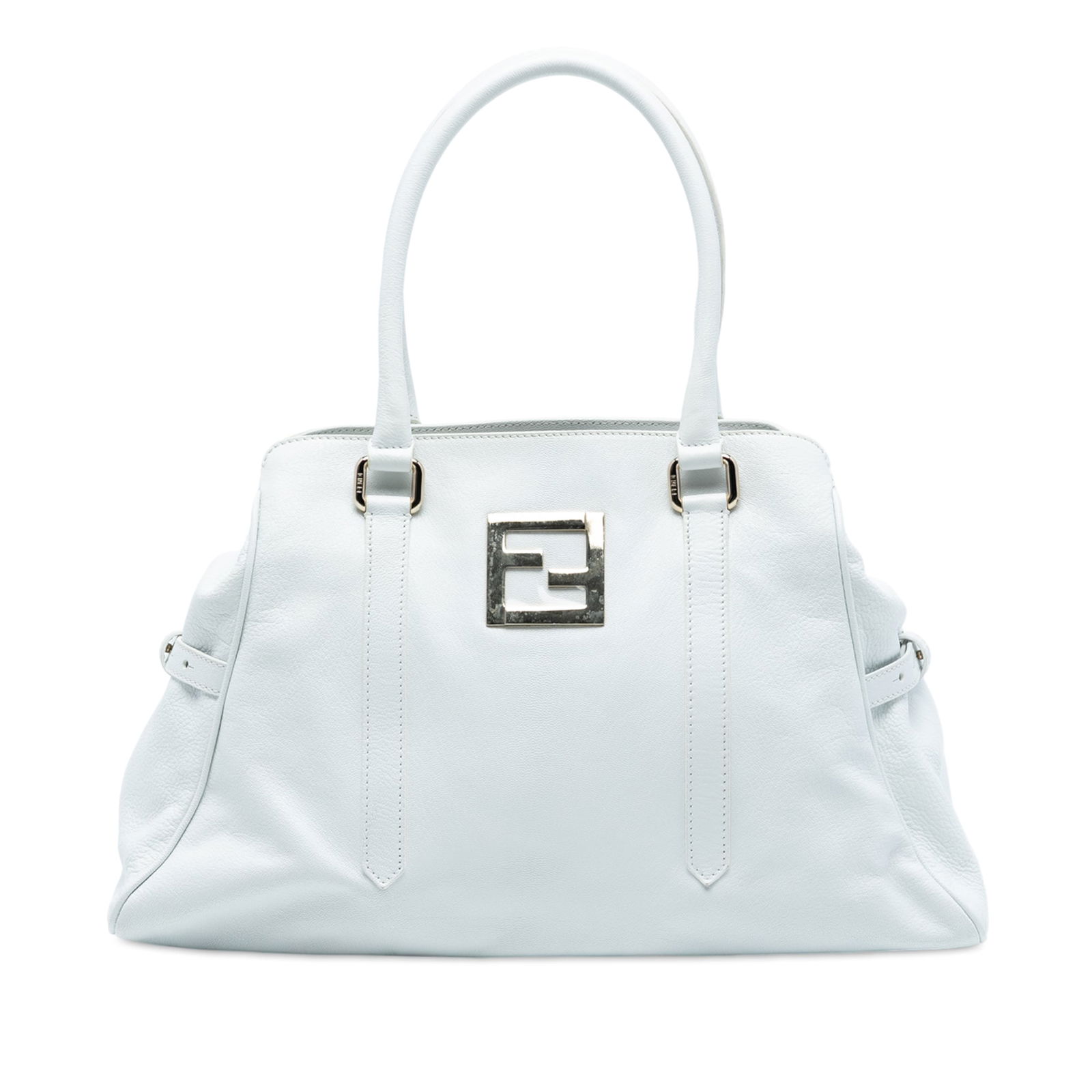 White Leather FF Tote by Fendi with Snap Button Closure: White Leather FF Tote by Fendi with Snap Button Closure This Fendi Leather FF Tote features a white leather body with rolled leather shoulder straps, an open top secured by a snap button closure, and