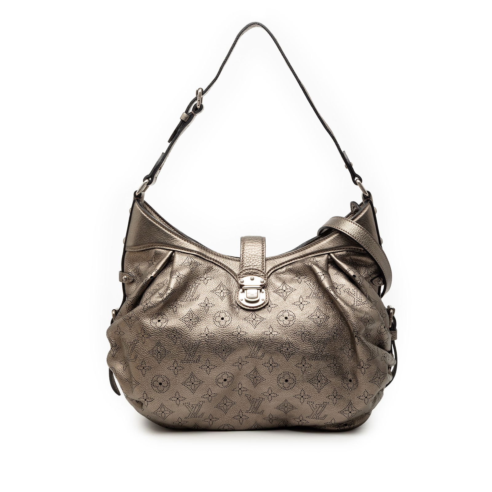 Louis Vuitton Mahina XS Silver Leather Shoulder Bag: Louis Vuitton Mahina XS Silver Leather Shoulder Bag The Louis Vuitton Monogram Mahina XS is crafted from leather and features an adjustable flat leather shoulder strap, a front strap with a push lock