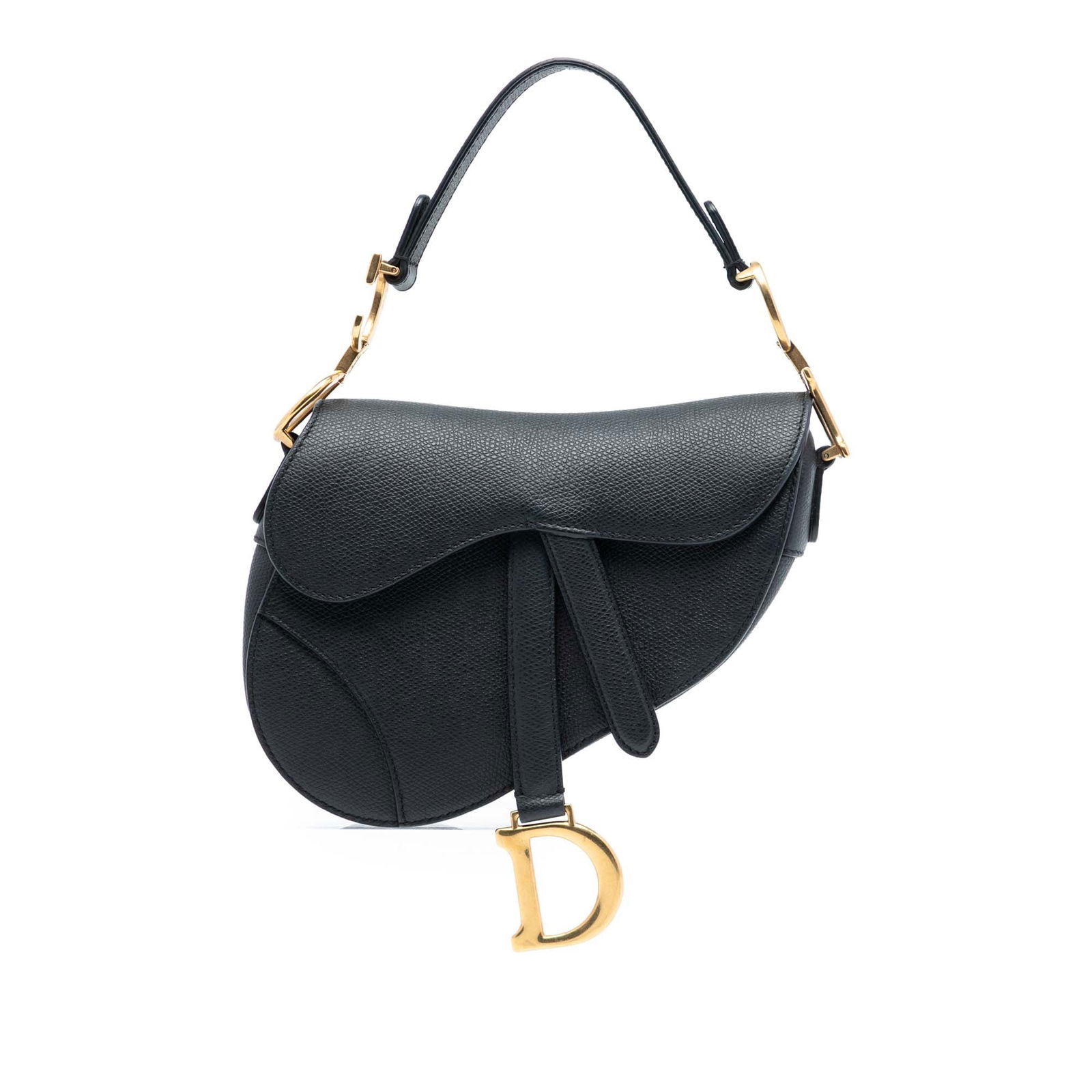 Black Mini Saddle Handbag by Dior in Grained Calfskin Leather: Black Mini Saddle Handbag by Dior in Grained Calfskin Leather This Dior Mini Grained Calfskin Saddle Bag features a black leather body, a flat leather handle, a front flap with magnetic closure, and a
