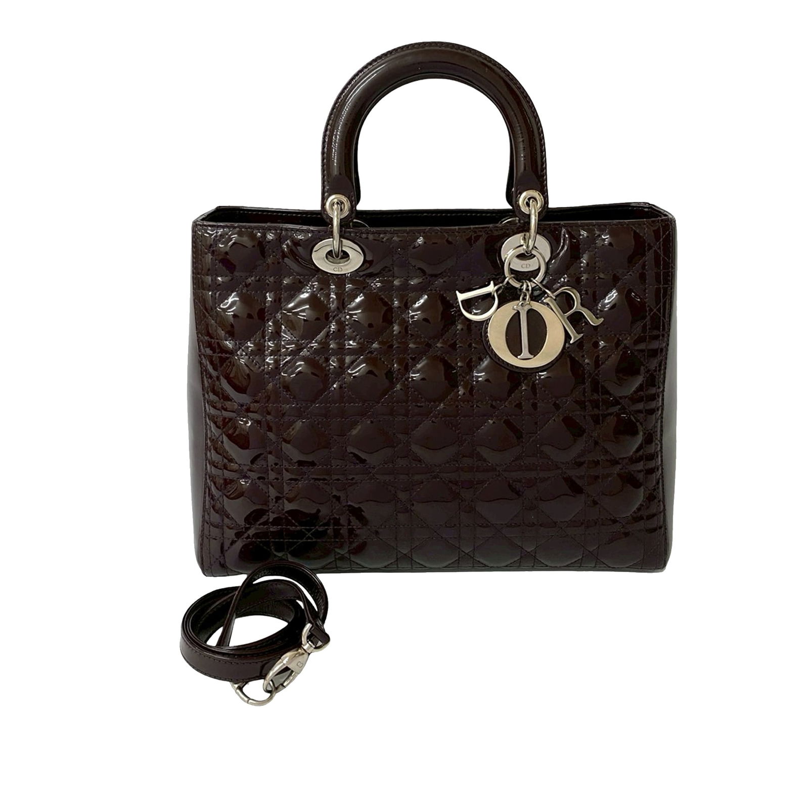 Dior Lady Dior Large Brown Patent Leather Cannage Bag with Strap: Dior Lady Dior Large Brown Patent Leather Cannage Bag with Strap This Lady Dior handbag features a patent leather body with the signature Cannage pattern, flat leather handles, a detachable flat leath