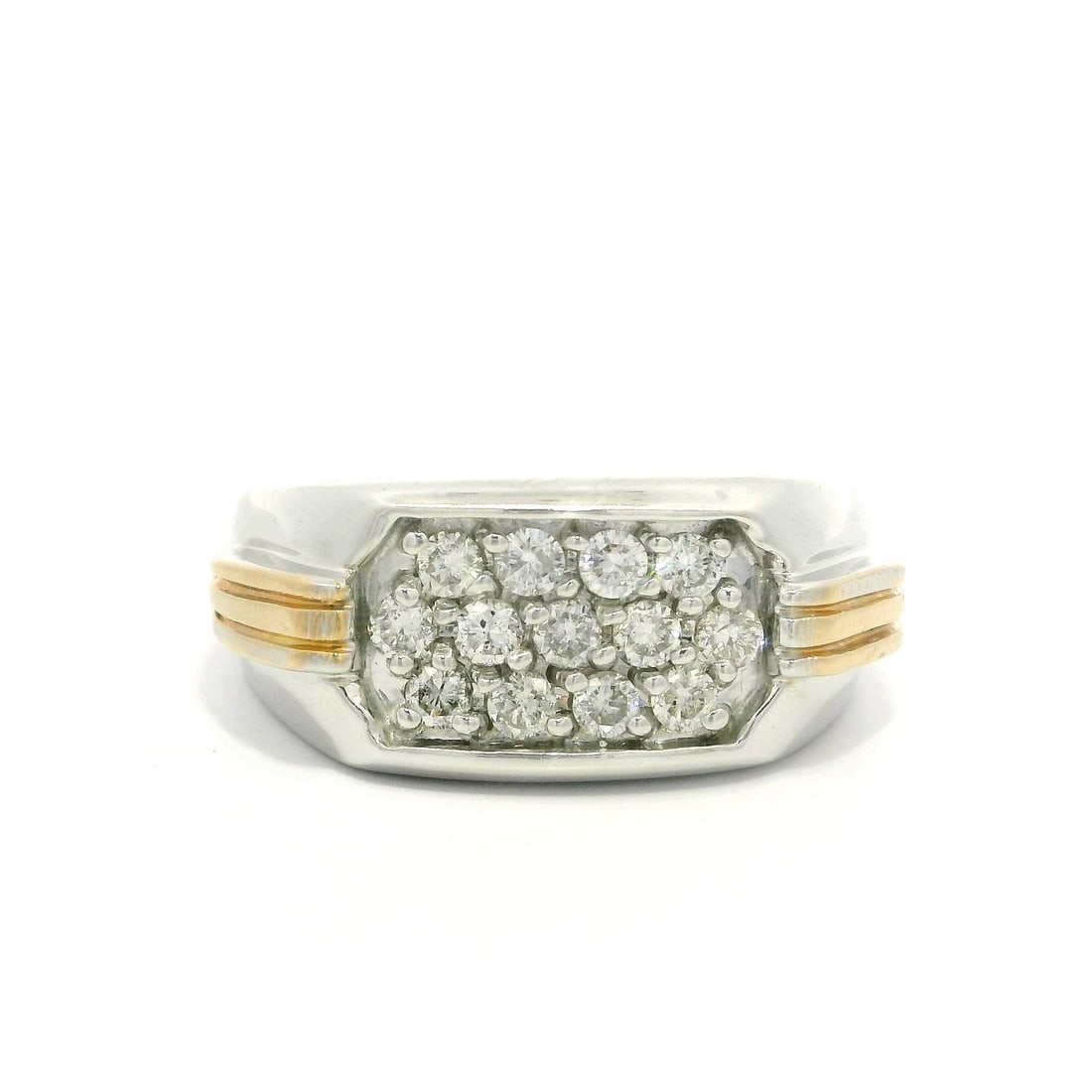 Men's 14k White Yellow Gold 0.40ctw Pave Diamond Band Ring: Men's 14k White Yellow Gold 0.40ctw Pave Diamond Band Ring This stunning men's wide band ring features a captivating combination of 14k white and yellow gold, accented by 13 natural, round brilliant c