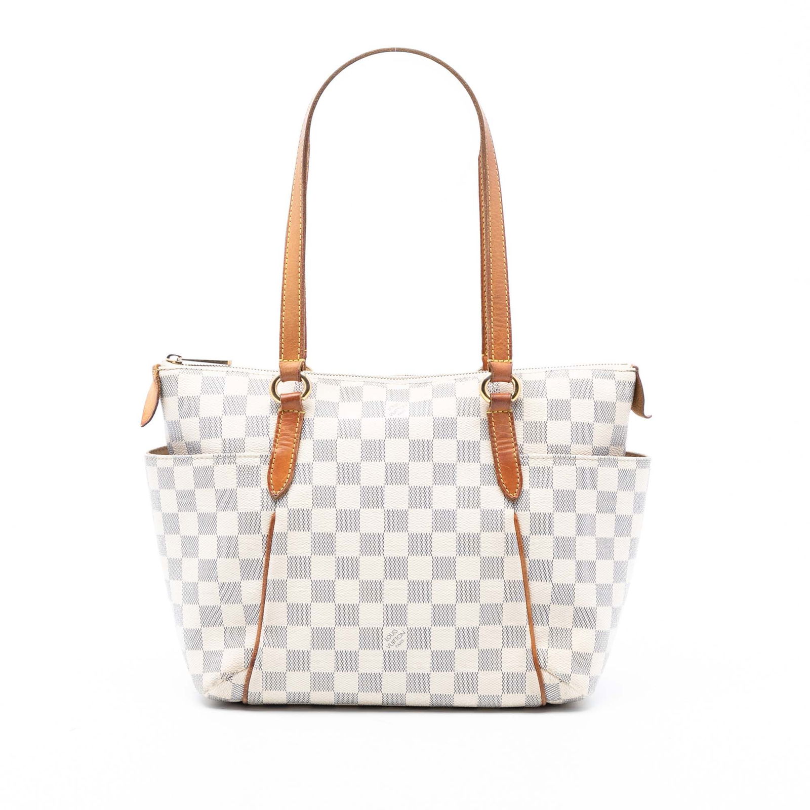 Damier Azur Totally PM Tote by Louis Vuitton with Vachetta Leather Trim: Damier Azur Totally PM Tote by Louis Vuitton with Vachetta Leather Trim This Louis Vuitton Damier Azur Totally PM bag features a damier azur canvas body with vachetta leather trim, flat vachetta leath