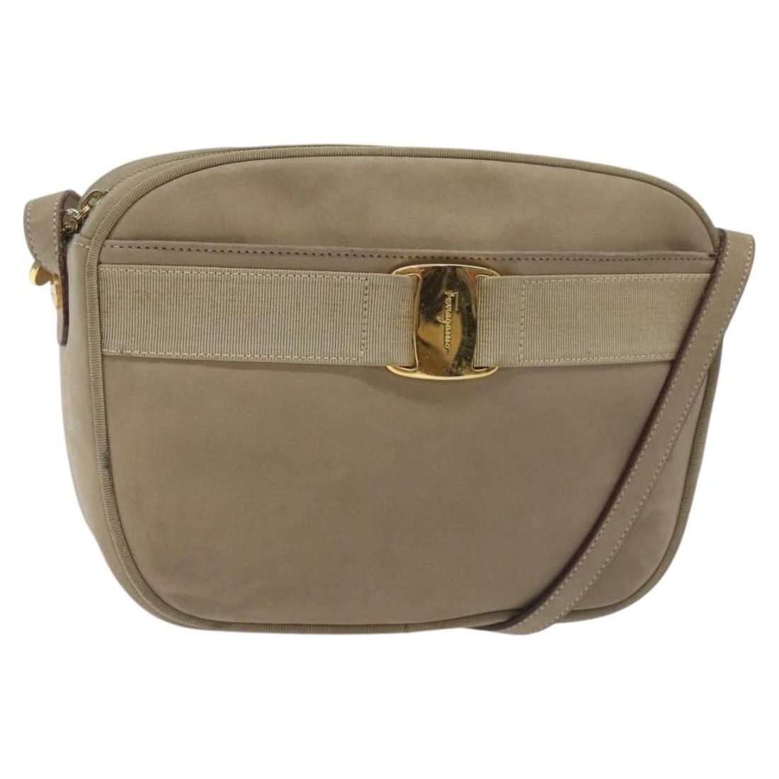 Vala Suede Shoulder Purse by Salvatore Ferragamo in Beige: Vala Suede Shoulder Purse by Salvatore Ferragamo in Beige This Salvatore Ferragamo Vala Shoulder Bag features a beige suede exterior and is designed for women. The bag shows signs of wear, including s