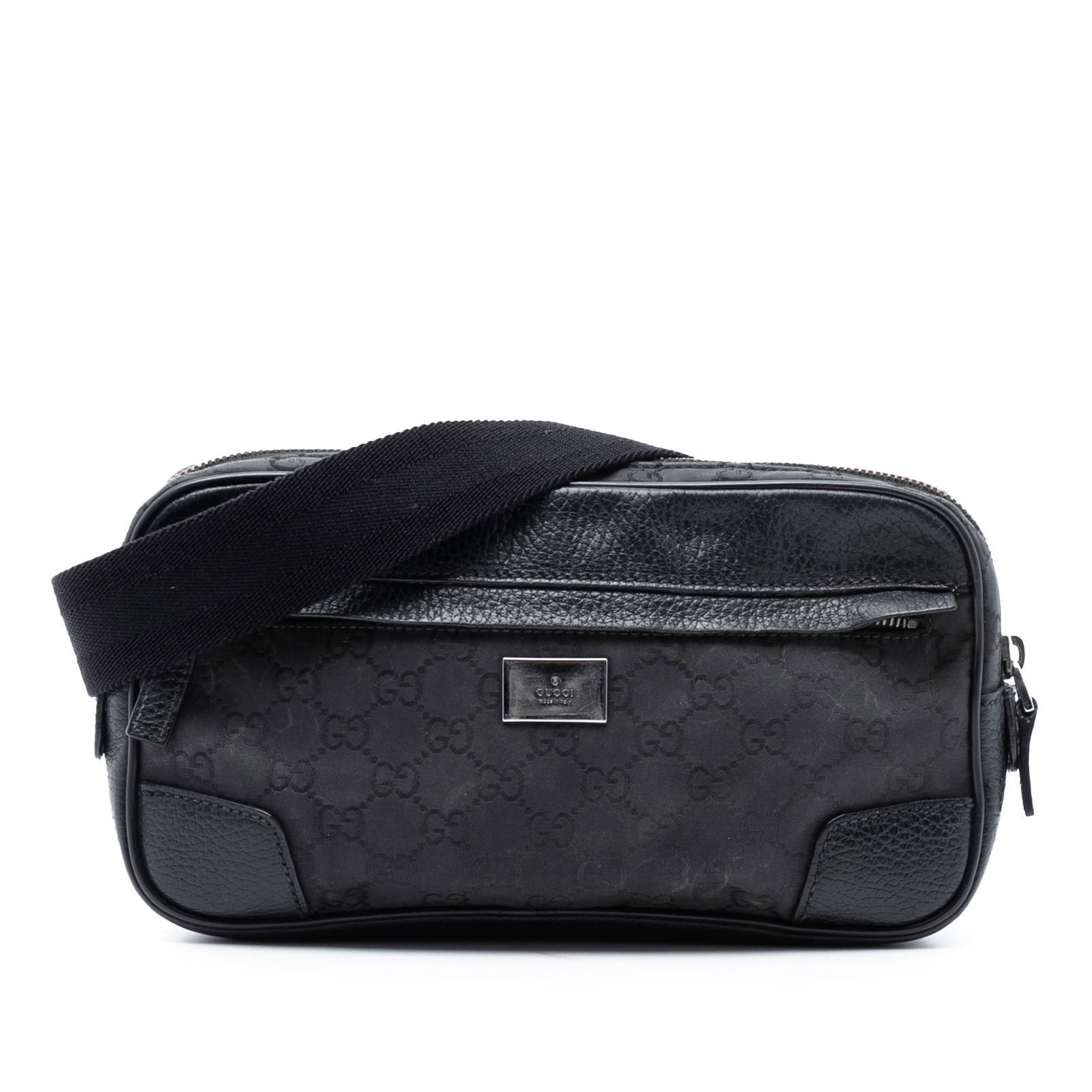 Gucci GG Nylon Black Belt Bag with Leather Trim and Adjustable Strap: Gucci GG Nylon Black Belt Bag with Leather Trim and Adjustable Strap This Gucci GG Nylon Waist Sling Bag features a black nylon body with leather trim, an adjustable flat canvas strap, a top zip closu