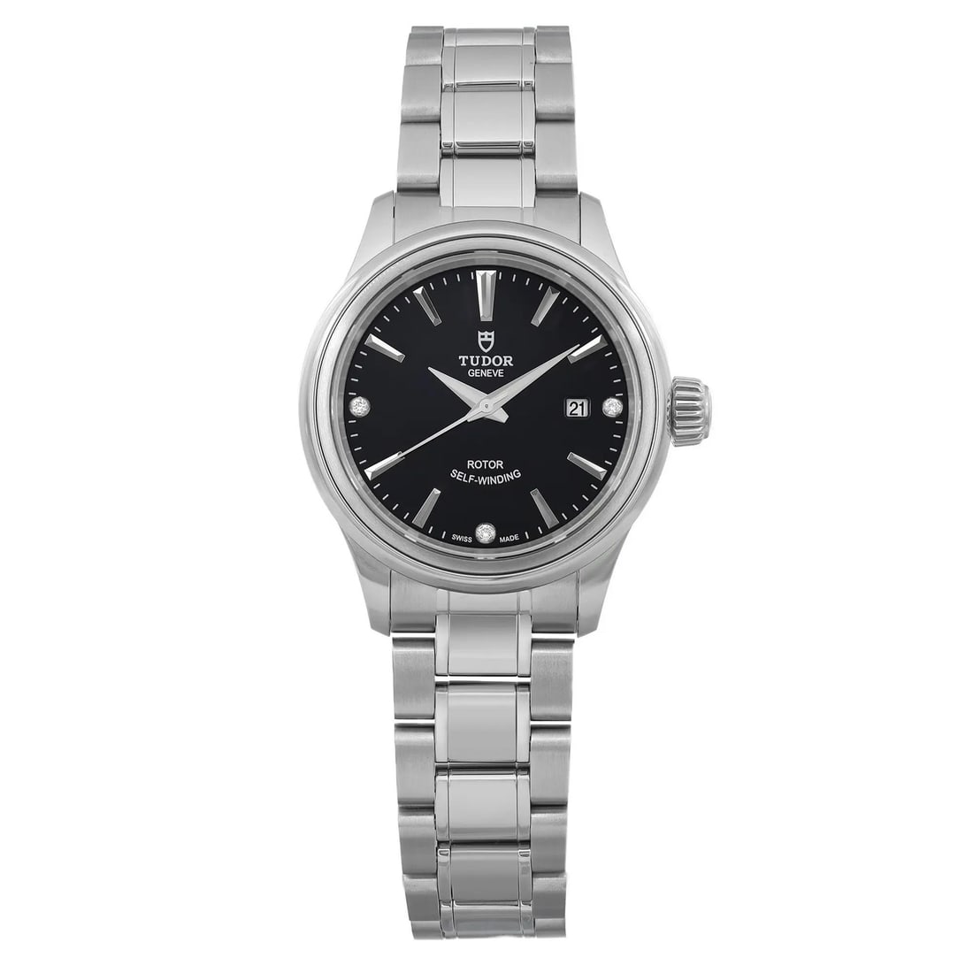 TUDOR Style Ladies 28mm Automatic Watch Black Dial Diamond Markers: TUDOR Style Ladies 28mm Automatic Watch Black Dial Diamond Markers This Tudor Style wristwatch is a stunning blend of elegance and functionality, designed for the modern woman. Featuring a striking bl