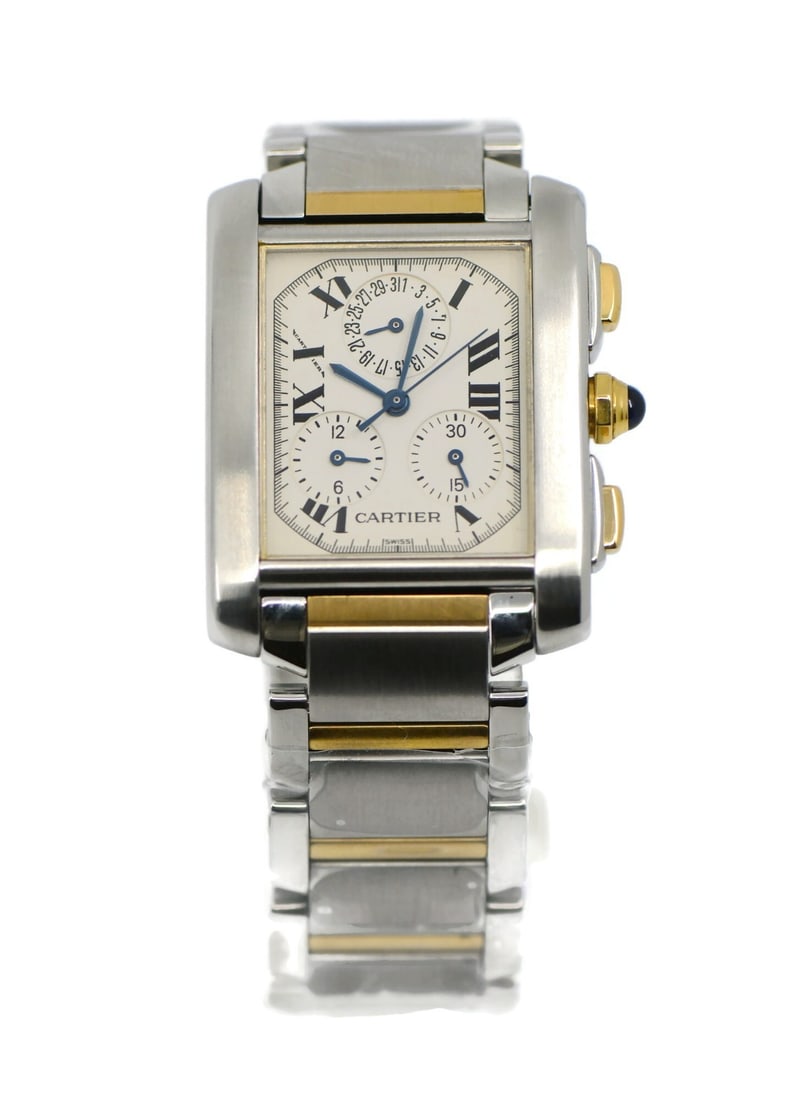 Cartier Tank Chronograph Stainless Steel 28mm Watch Ref W51004Q4: Cartier Tank Chronograph Stainless Steel 28mm Watch Ref W51004Q4 This Cartier Tank Chronograph watch combines elegance and functionality, featuring a sleek rectangular shape and a stunning silver dial