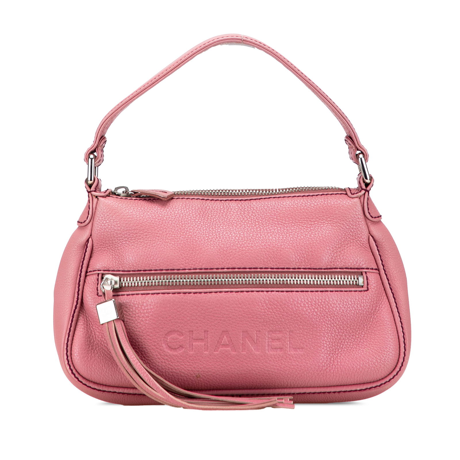 Chanel Pink Calfskin LAX Front Pocket Shoulder Bag: Chanel Pink Calfskin LAX Front Pocket Shoulder Bag This exquisite Chanel Calfskin LAX Front Pocket Shoulder Bag showcases a luxurious pebbled leather body adorned with a stylish tassel detail. The bag