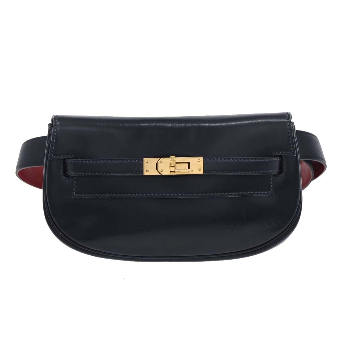 Hermes Navy Kelly Moove Leather Bum Bag with Adjustable Strap: Hermes Navy Kelly Moove Leather Bum Bag with Adjustable Strap Introducing the Hermes Navy Box Calf Kelly Moove Bum Bag, a stylish accessory tailored for casual occasions. This small bum bag features a
