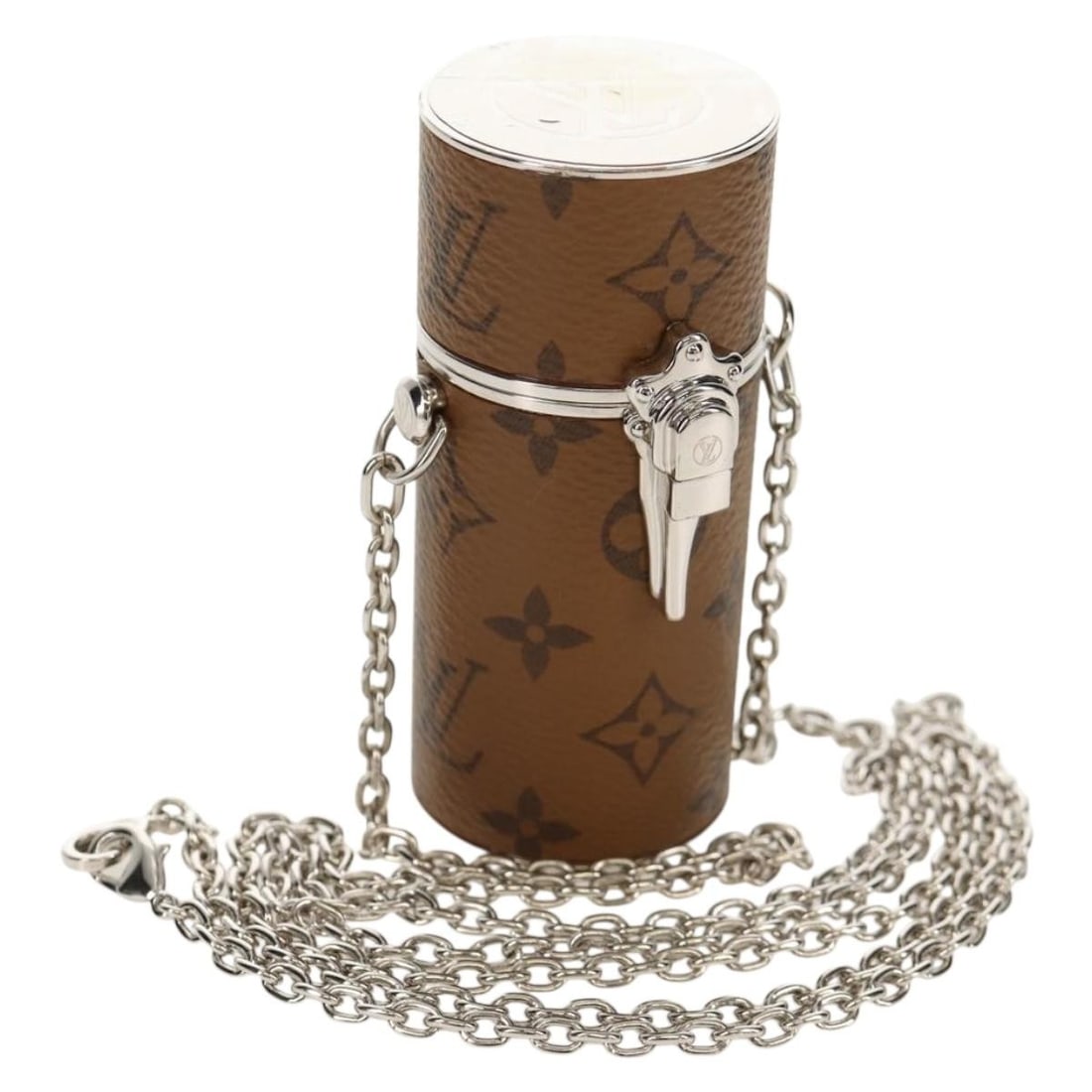 Louis Vuitton Reverse Monogram Canvas Lipstick Case with Chain: Louis Vuitton Reverse Monogram Canvas Lipstick Case with Chain This Louis Vuitton Lipstick Case on Chain in Reverse Monogram Canvas is a stylish and compact accessory designed for women. Crafted from
