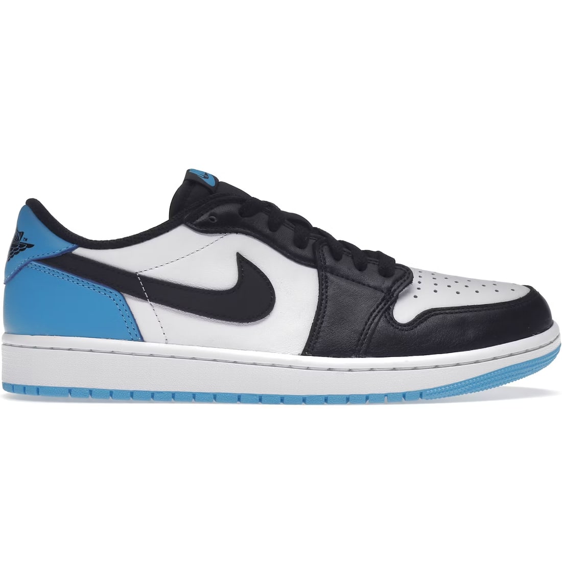 Air Jordan 1 Low Sneakers in Black and Dark Powder Blue: Air Jordan 1 Low Sneakers in Black and Dark Powder Blue Authentic Nike Jordan 1 Low sneakers in Black and Dark Powder Blue colorway. These shoes are un-used and in unworn condition. Size is 5.5 Men's