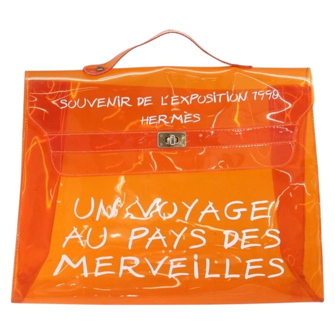 Orange Vinyl Hermes Kelly Handbag 40cm by 29cm by 12cm: Orange Vinyl Hermes Kelly Handbag 40cm by 29cm by 12cm This Hermes Kelly handbag for women is crafted from orange plastic with metal fittings. It measures 40cm x 29cm x 12cm. The exterior shows signs