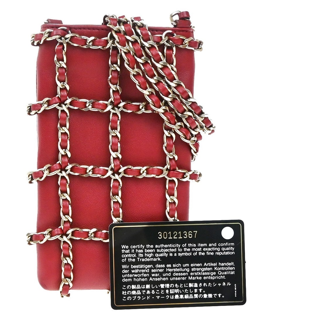 Chanel Lambskin Tech Me Out Red Clutch With Chain Strap: Chanel Lambskin Tech Me Out Red Clutch With Chain Strap This Chanel Tech Me Out clutch is crafted from red lambskin leather and designed for women. It features a chain strap and a compact silhouette i