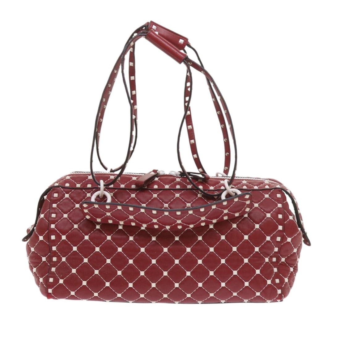 Red Quilted Leather Free Rockstud Spike Duffle by Valentino Garavani: Red Quilted Leather Free Rockstud Spike Duffle by Valentino Garavani This Valentino Garavani Free Rockstud Spike Duffle Bag features a quilted leather exterior in red, accented with signature Rockstud