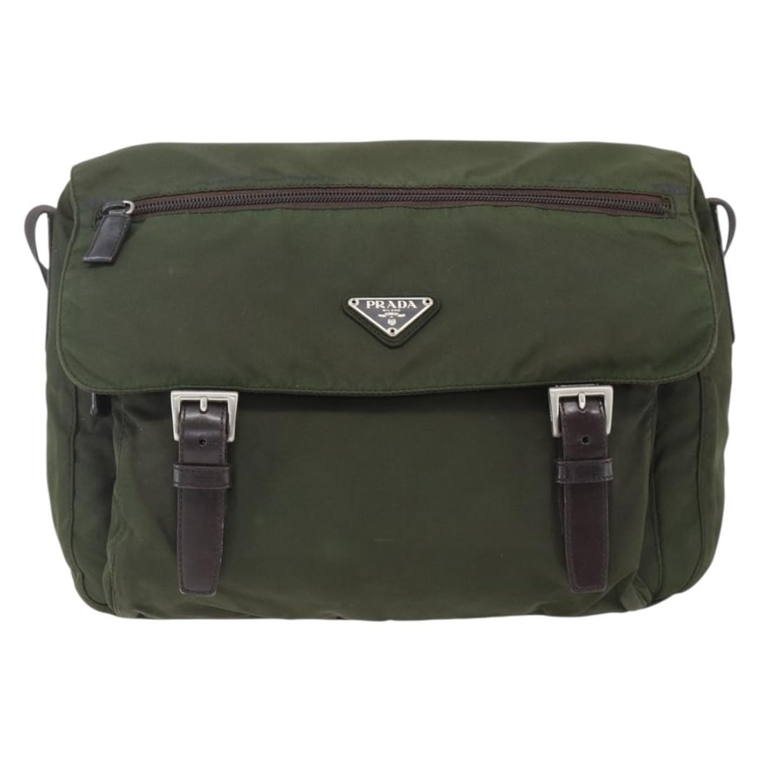 Prada Nylon Messenger Bag Double Buckle Flap in Khaki 29cm by 24cm by 11cm: Prada Nylon Messenger Bag Double Buckle Flap in Khaki 29cm by 24cm by 11cm This Prada Double Buckle Flap Messenger Bag is designed for women and crafted from khaki nylon. It features a flap with doubl