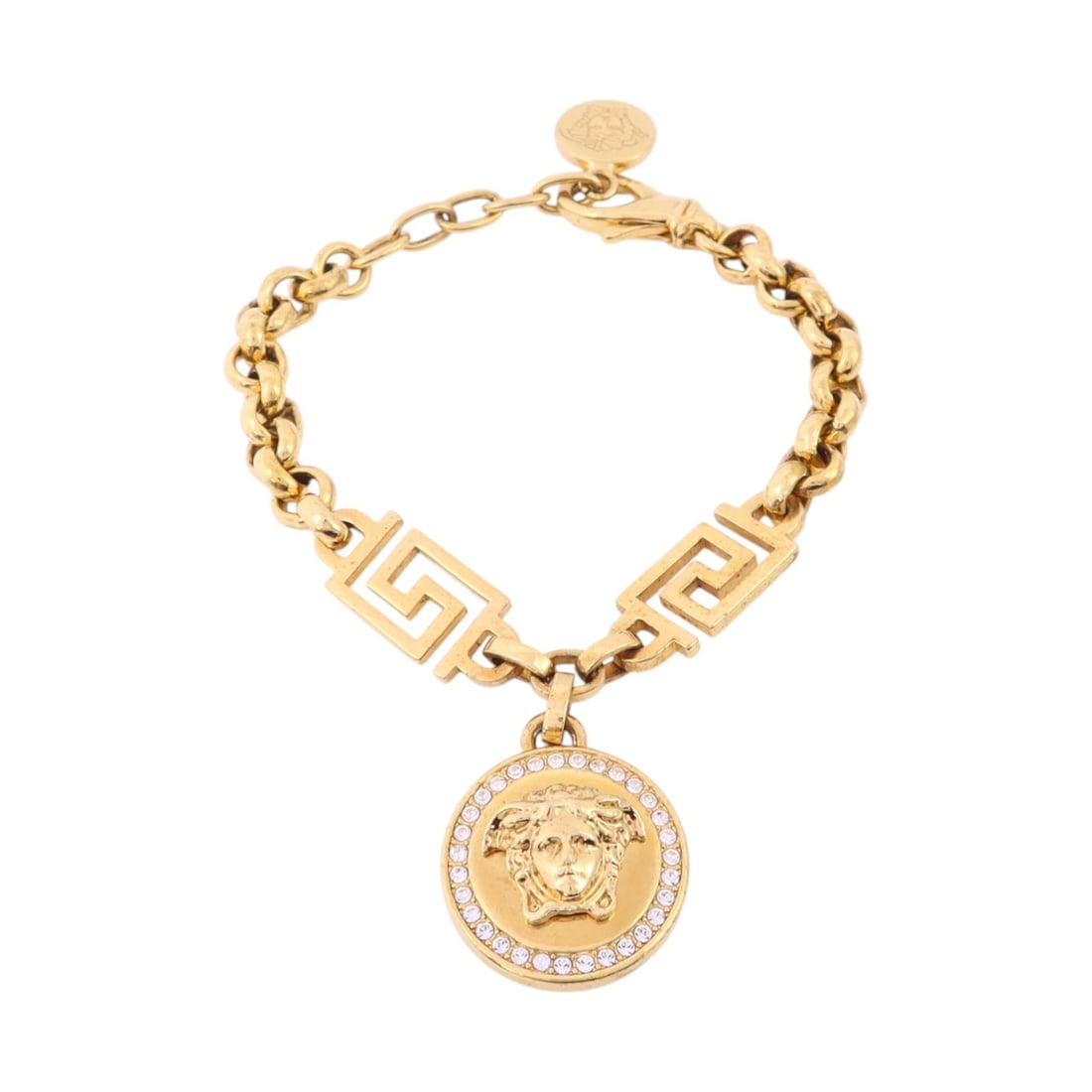 Versace Medusa Gold Tone Chain Bracelet with Strass Details: Versace Medusa Gold Tone Chain Bracelet with Strass Details This Versace Medusa chain bracelet features a striking gold-tone finish and the iconic Medusa motif. Crafted from metal and adorned with str