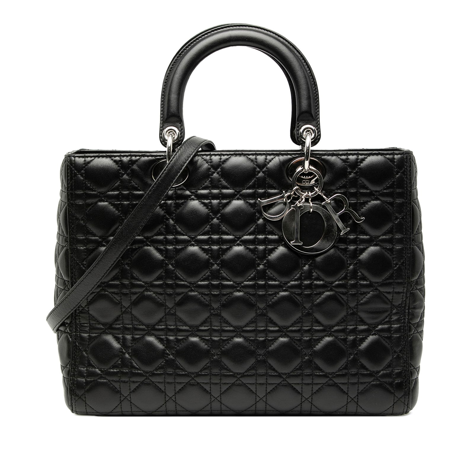 Dior Lady Dior Large Black Lambskin Cannage Tote with Strap: Dior Lady Dior Large Black Lambskin Cannage Tote with Strap This Lady Dior bag features a quilted lambskin leather exterior in black with flat top handles and a detachable flat leather strap. The desi