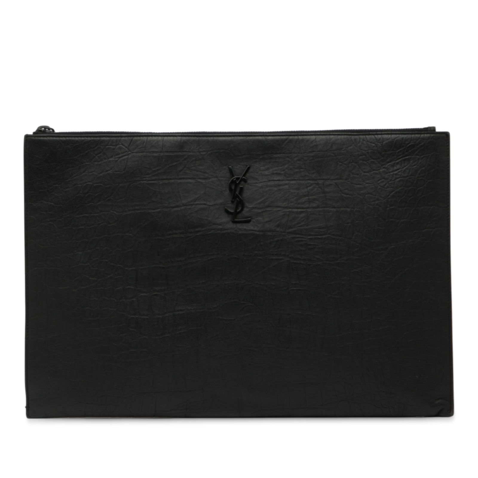 Black Leather Croc Embossed Clutch with Monogram by Saint Laurent: Black Leather Croc Embossed Clutch with Monogram by Saint Laurent This Saint Laurent clutch features a croc-embossed leather exterior in black with a top zip closure and interior slip pockets. The bag
