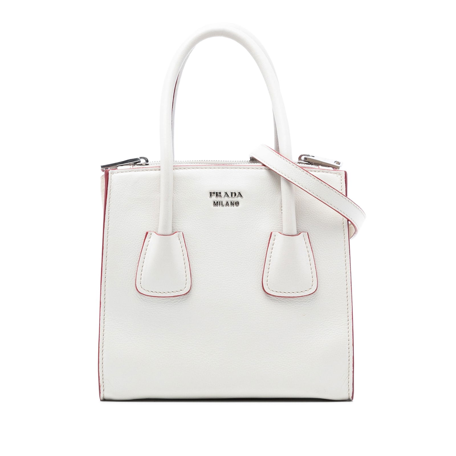 Mini Twin Pocket Satchel in White Calfskin with Suede Accents by Prada: Mini Twin Pocket Satchel in White Calfskin with Suede Accents by Prada This Prada Mini Scamosciato Trimmed Glace Calf Twin Pocket Satchel features a calfskin leather body with suede leather trim, roll