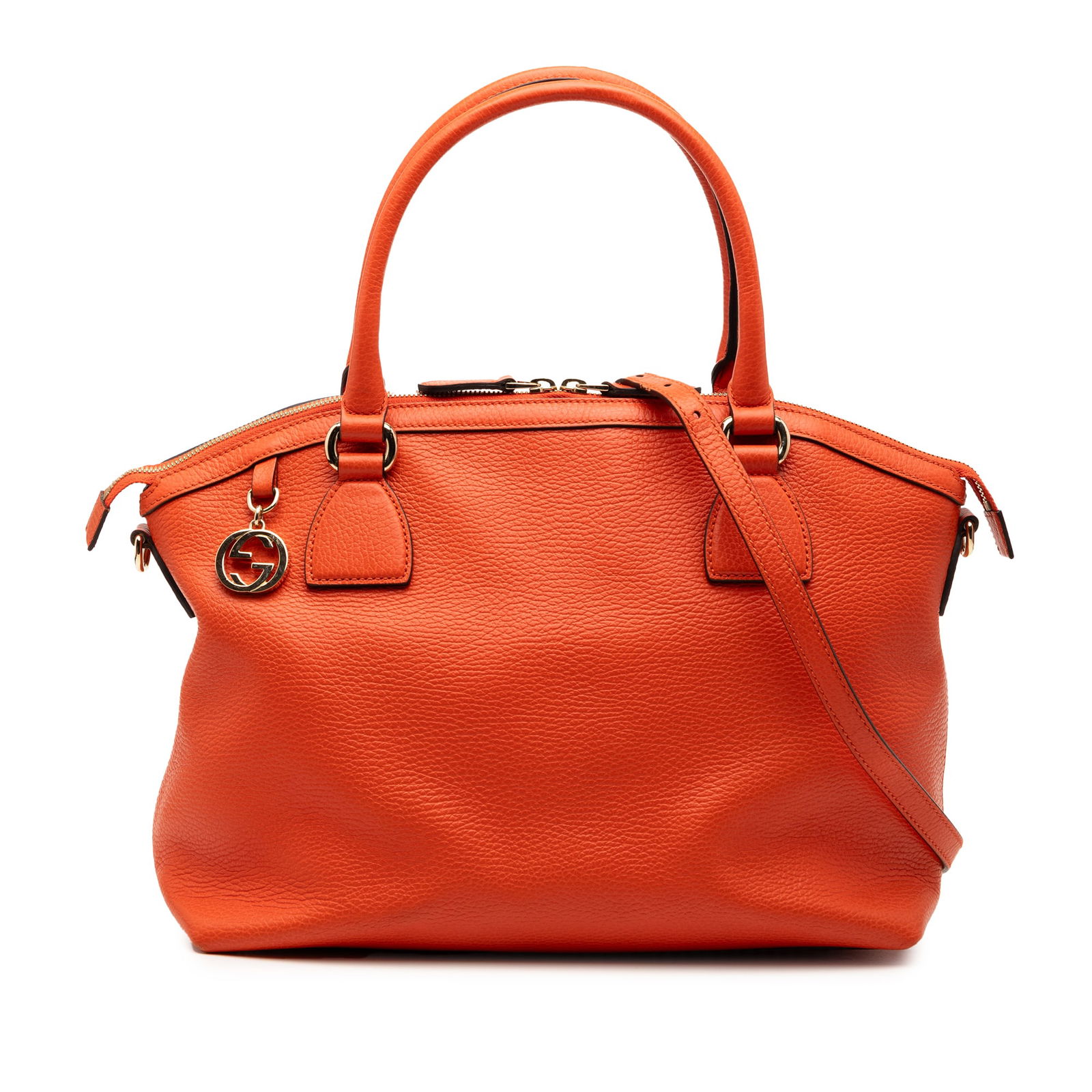 Gucci Orange Leather Satchel with GG Charm and Dome Shape: Gucci Orange Leather Satchel with GG Charm and Dome Shape This orange Gucci Medium Leather GG Charm Dome Satchel features a leather body with interlocking G charm, rolled handles, a detachable flat st