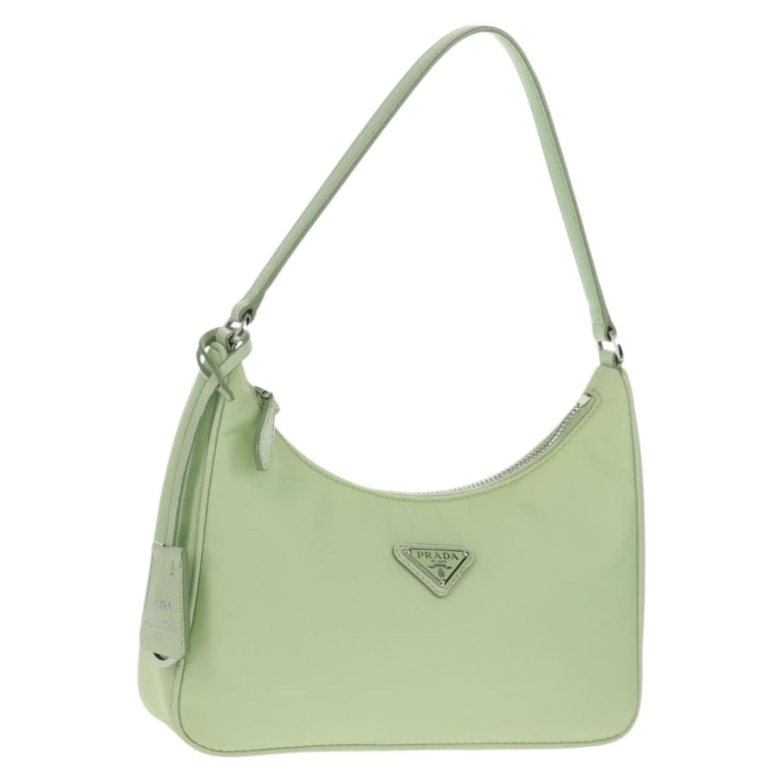 Prada Nylon Green Silver Accessory Pouch with Dust Bag: Prada Nylon Green Silver Accessory Pouch with Dust Bag This Prada accessory pouch is crafted from green nylon with silver accents. It features a sleek design and is made in Italy. The pouch remains in