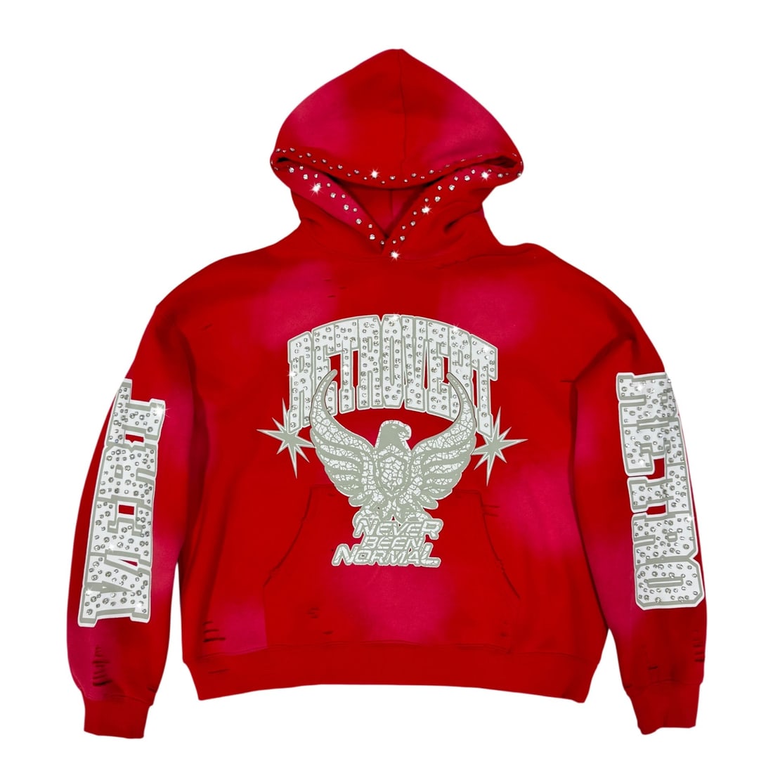 Red Hoodie with Rhinestone Eagle and Star Motif by Retrovert Extra Large: Red Hoodie with Rhinestone Eagle and Star Motif by Retrovert Extra Large This red hoodie features Retrovert's signature eagle design embellished with shimmering rhinestones, creating an eye-catching s