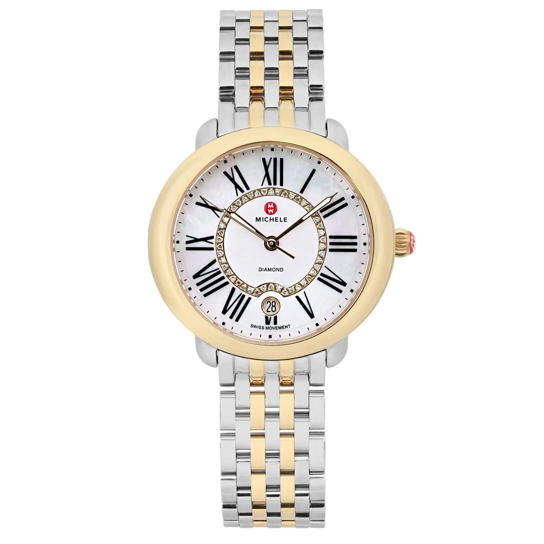 MICHELE Serein 36MM Luxury MOP Diamond Watch with Gold Bracelet: MICHELE Serein 36MM Luxury MOP Diamond Watch with Gold Bracelet This exquisite Michele Serein wristwatch combines luxury and functionality with its elegant design. Featuring a 36MM round case made fro