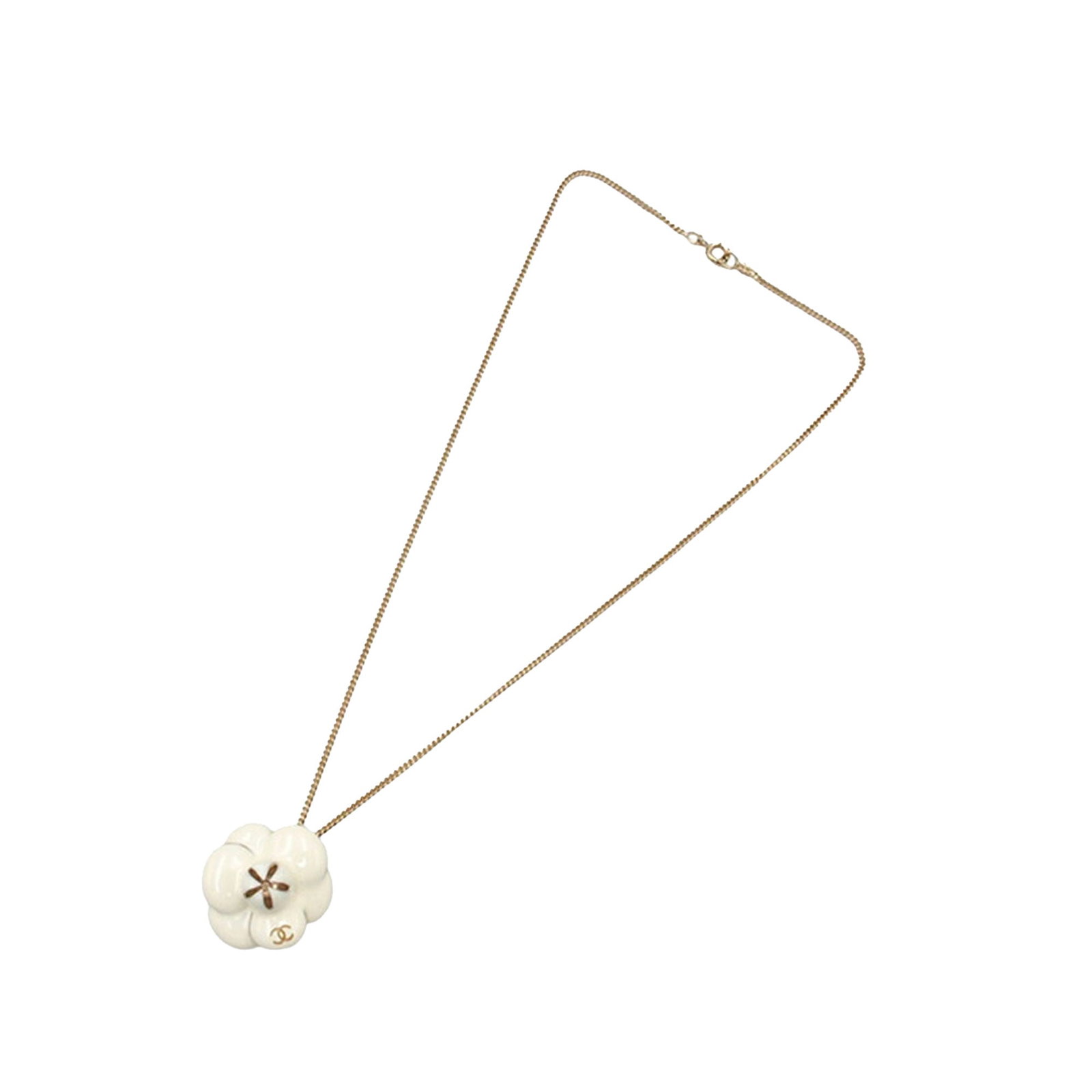 Chanel Camellia Flower Pendant Necklace Gold Tone Chain: Chanel Camellia Flower Pendant Necklace Gold Tone Chain This Chanel necklace features a camellia flower pendant on a gold-tone metal chain and is secured with a spring ring closure. The piece is craft