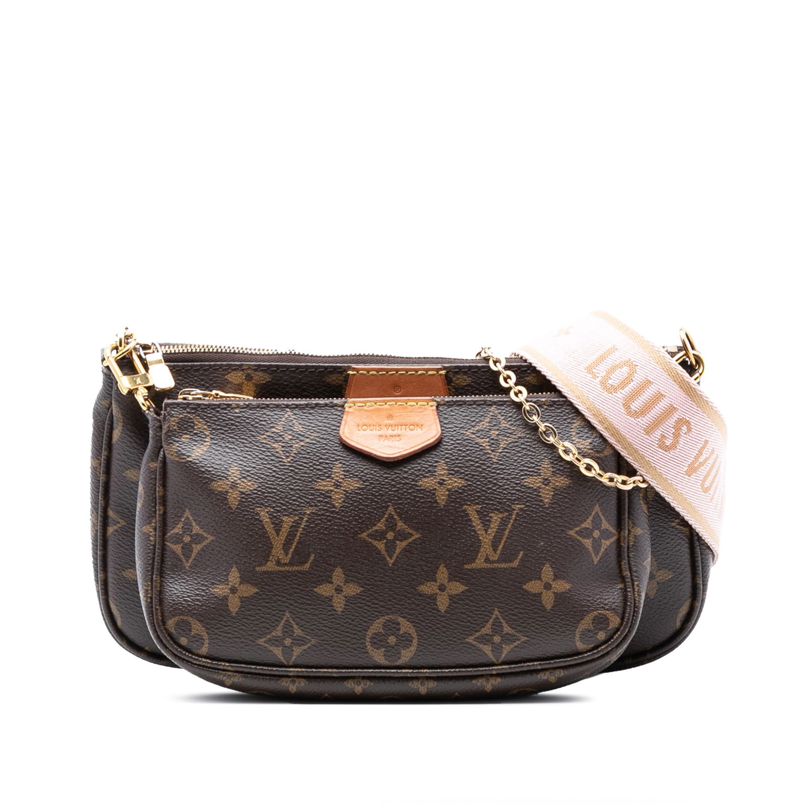 Brown Multi Pochette Bag with Removable Coin Pouch by Louis Vuitton: Brown Multi Pochette Bag with Removable Coin Pouch by Louis Vuitton This Louis Vuitton Monogram Multi Pochette Accessoires features a monogram canvas body with a detachable chain link strap and a deta