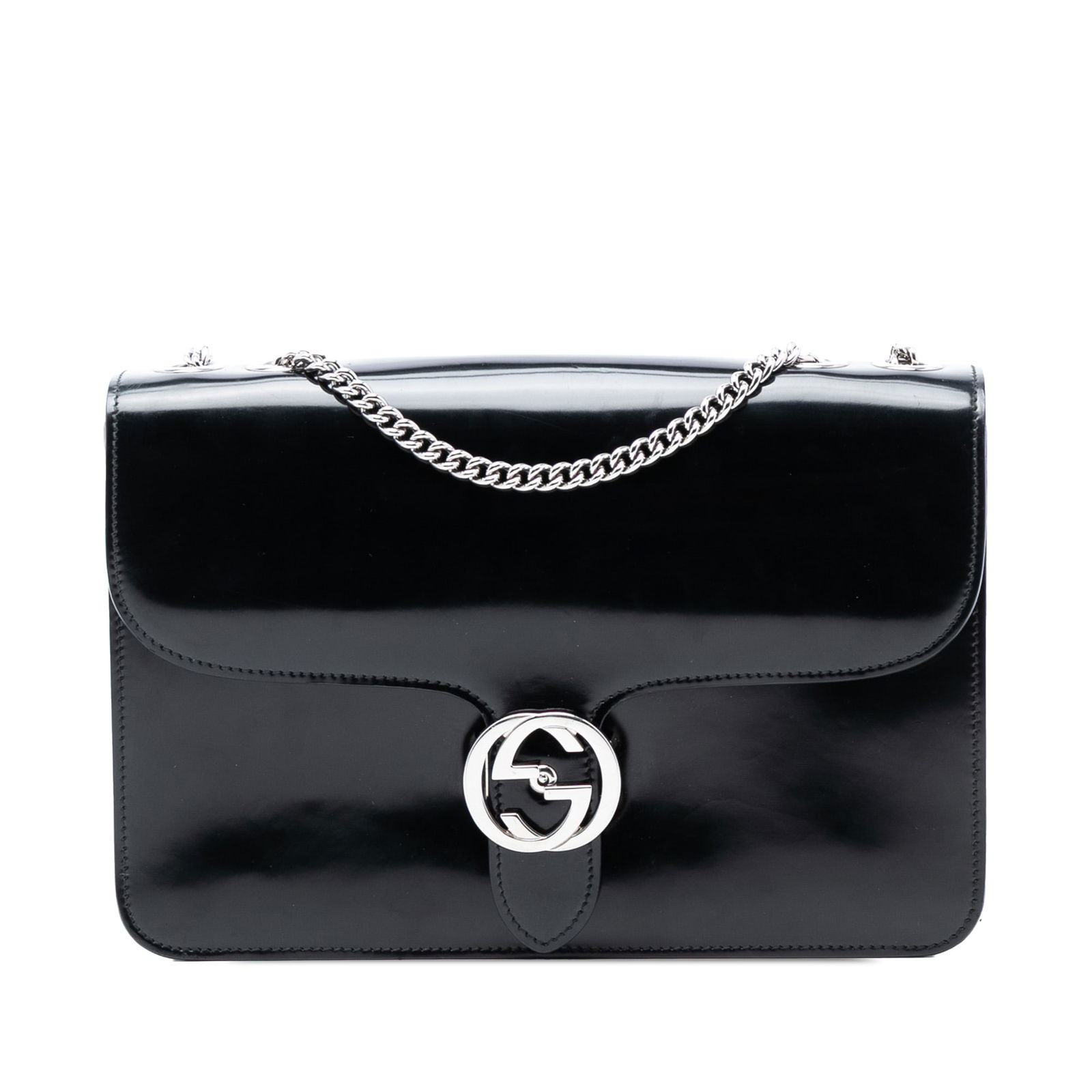 Black Leather Gucci Dollar Interlocking G Medium Chain Crossbody Bag: Black Leather Gucci Dollar Interlocking G Medium Chain Crossbody Bag This Gucci Medium Polished Calfskin Dollar Interlocking G Crossbody features a black leather exterior with a chain-link strap and a