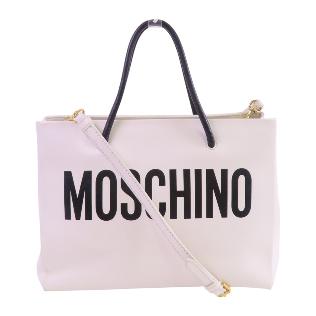Moschino White Calfskin 2-Way Shoulder Tote Bag GHW: Moschino White Calfskin 2-Way Shoulder Tote Bag GHW This stylish Moschino 2-way shoulder bag combines functionality with high fashion. Crafted from premium calfskin leather, this bag features a classi