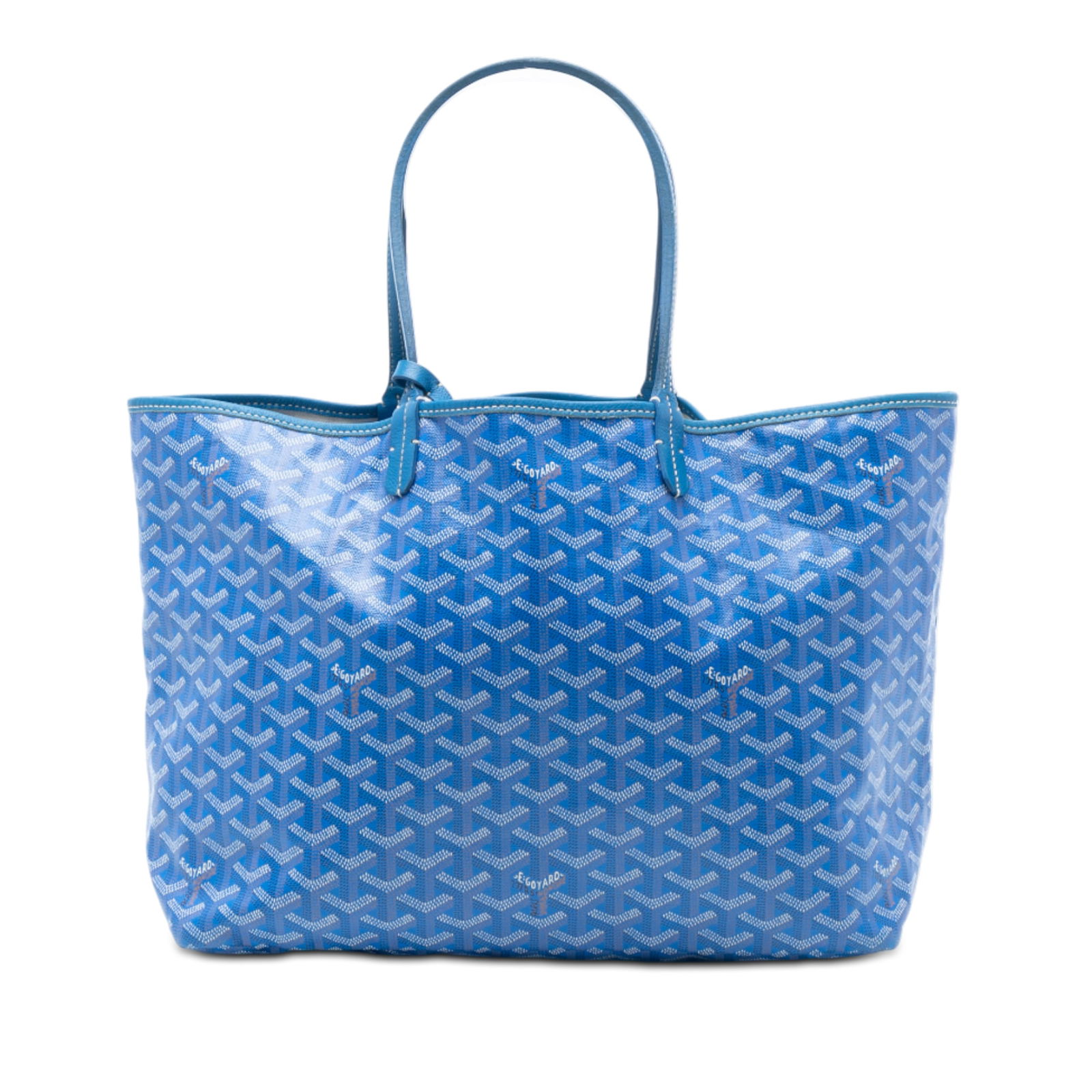 Goyard Saint Louis PM Blue Tote with Removable Pouch: Goyard Saint Louis PM Blue Tote with Removable Pouch This Saint Louis PM bag features a coated canvas body with blue Goyardine pattern, flat leather handles, an open top design, and includes a detacha