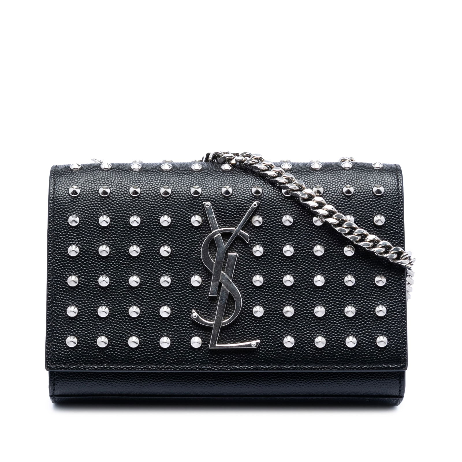 Black Leather Kate Mini Shoulder Bag by Saint Laurent with Studded Detailing: Black Leather Kate Mini Shoulder Bag by Saint Laurent with Studded Detailing This Saint Laurent Mini Grain De Poudre Studded Kate Shoulder Bag features a black leather body adorned with stud details a